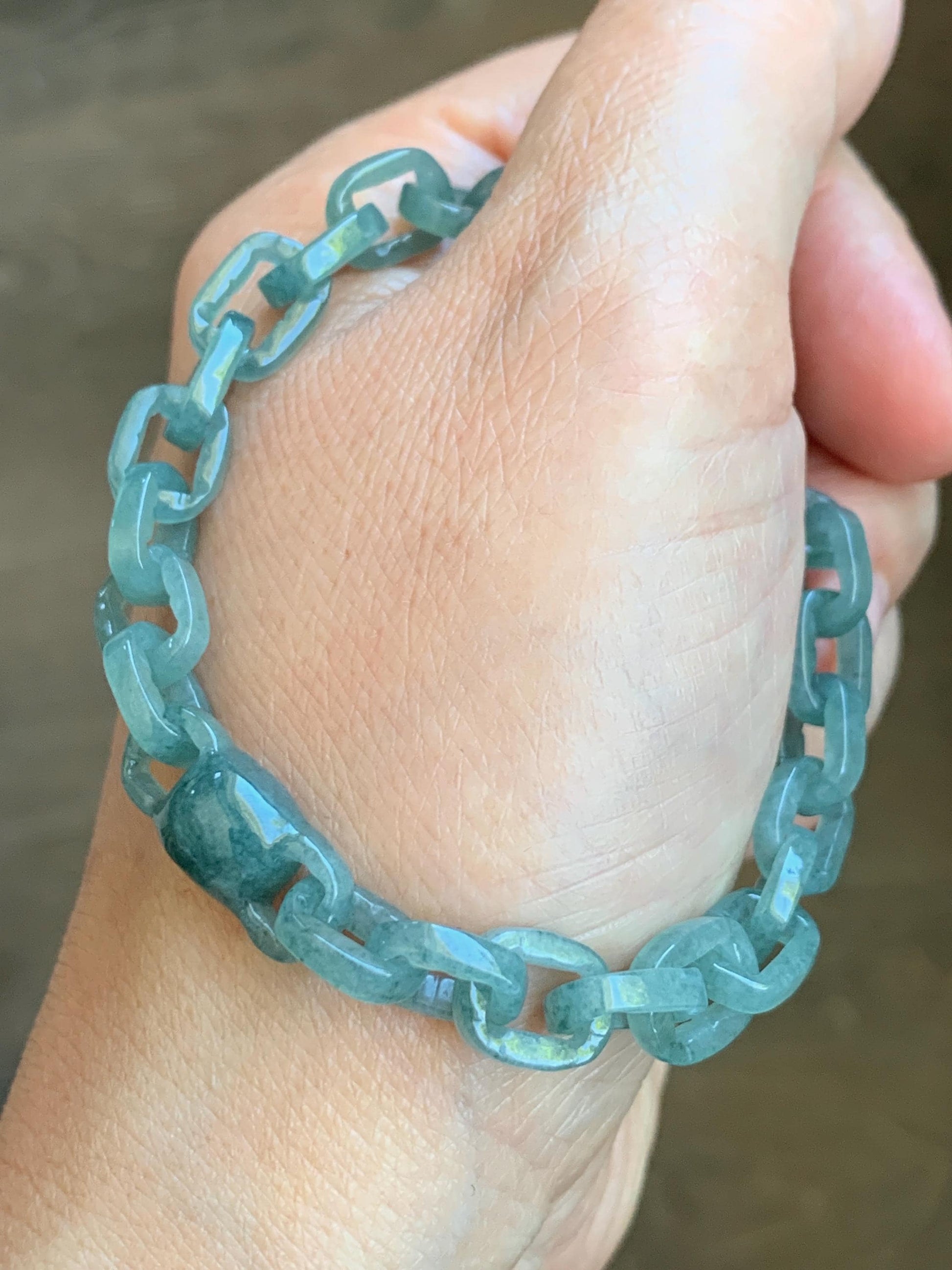 Natural Guatemalan Icy Translucent Dusty Teal Blue Jadeite Interlocking Link Bracelet Sterling Silver Adjustable 13g 天然冰危蓝翡翠环环相扣手链 LIS300