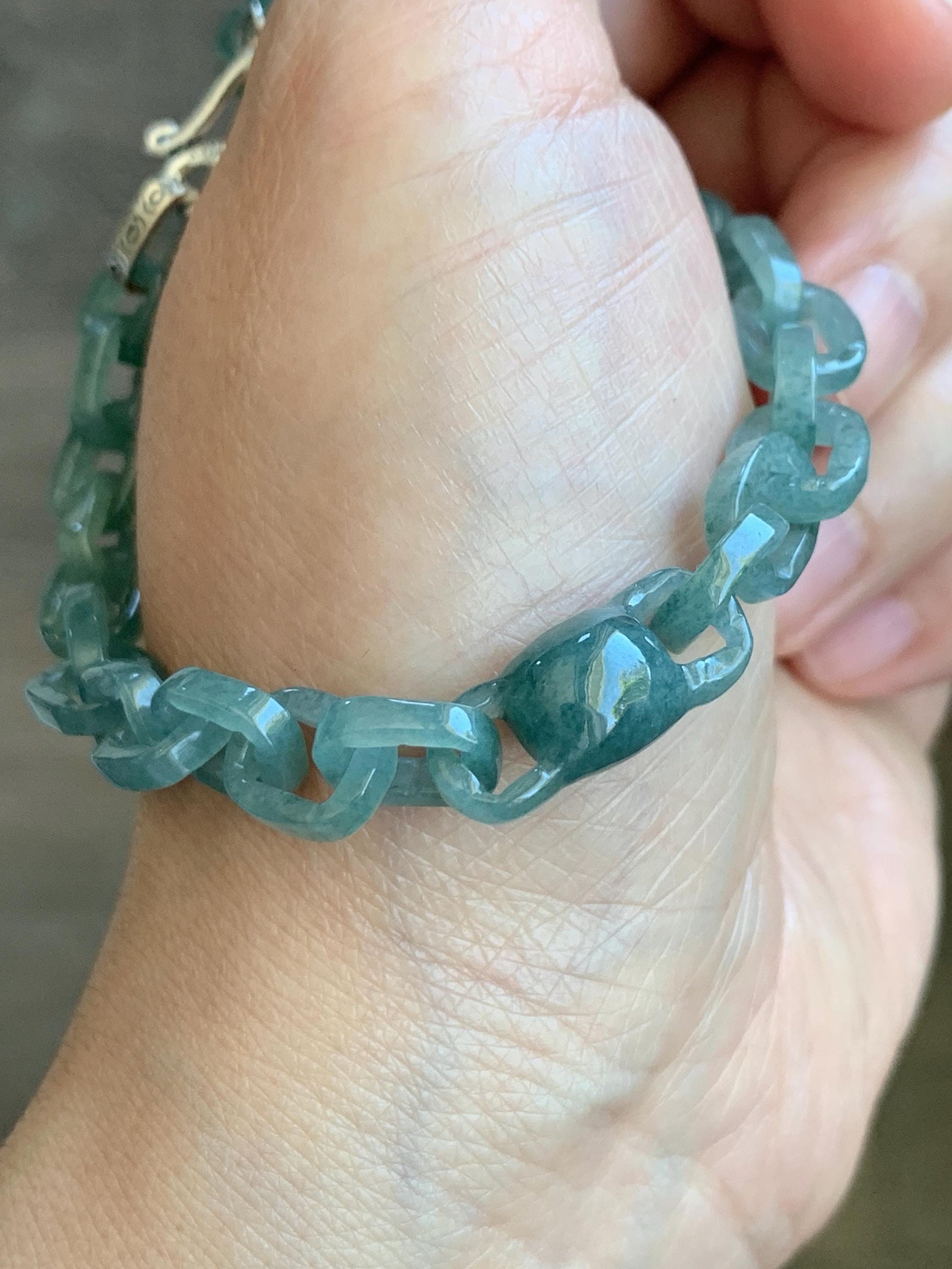 Natural Guatemalan Icy Translucent Dusty Teal Blue Jadeite Interlocking Link Bracelet Sterling Silver Adjustable 13g 天然冰危蓝翡翠环环相扣手链 LIS300