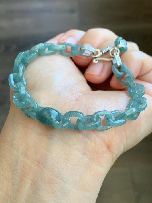 Natural Guatemalan Icy Translucent Dusty Teal Blue Jadeite Interlocking Link Bracelet Sterling Silver Adjustable 13g 天然冰危蓝翡翠环环相扣手链 LIS300