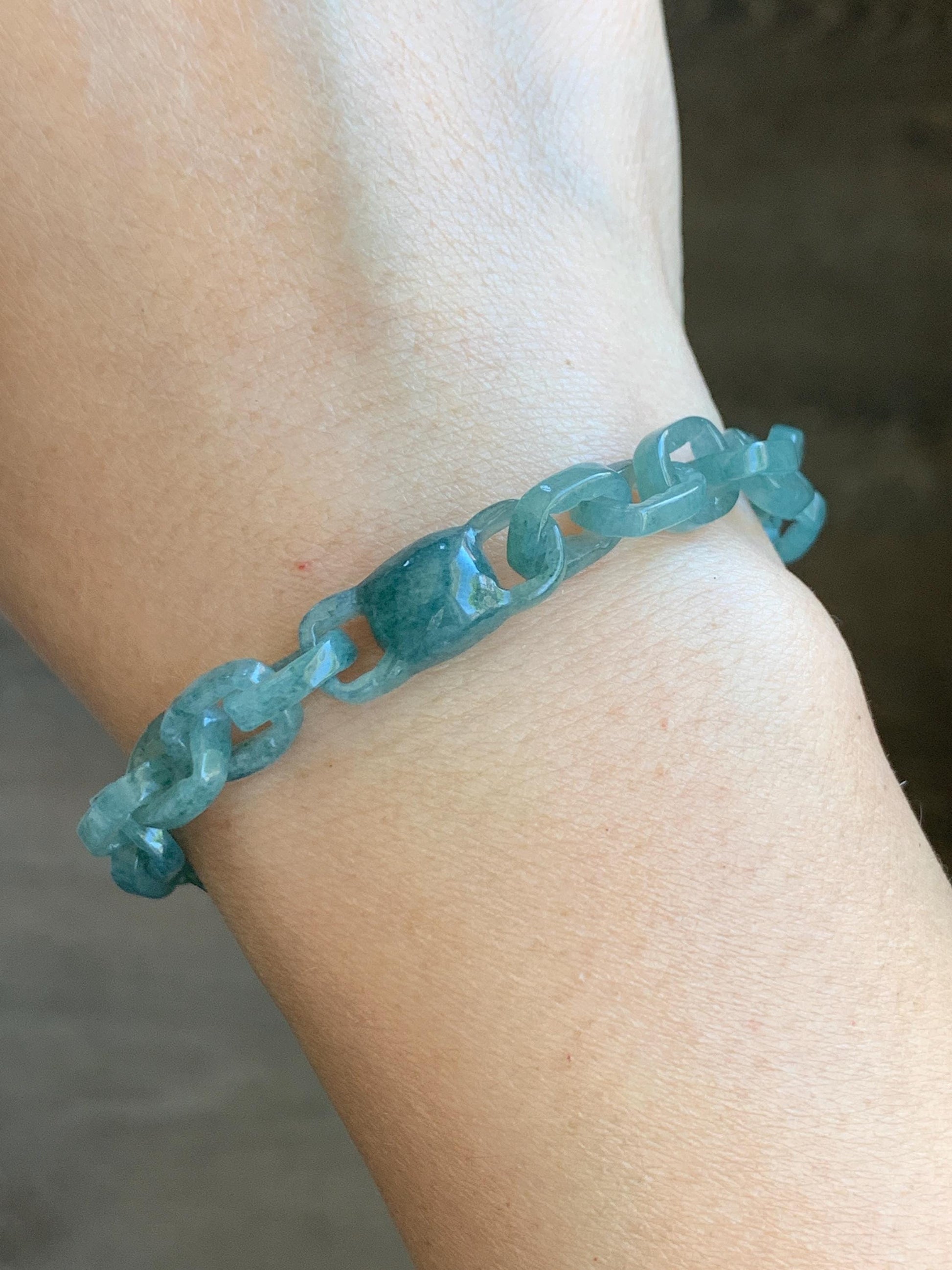 Natural Guatemalan Icy Translucent Dusty Teal Blue Jadeite Interlocking Link Bracelet Sterling Silver Adjustable 13g 天然冰危蓝翡翠环环相扣手链 LIS300