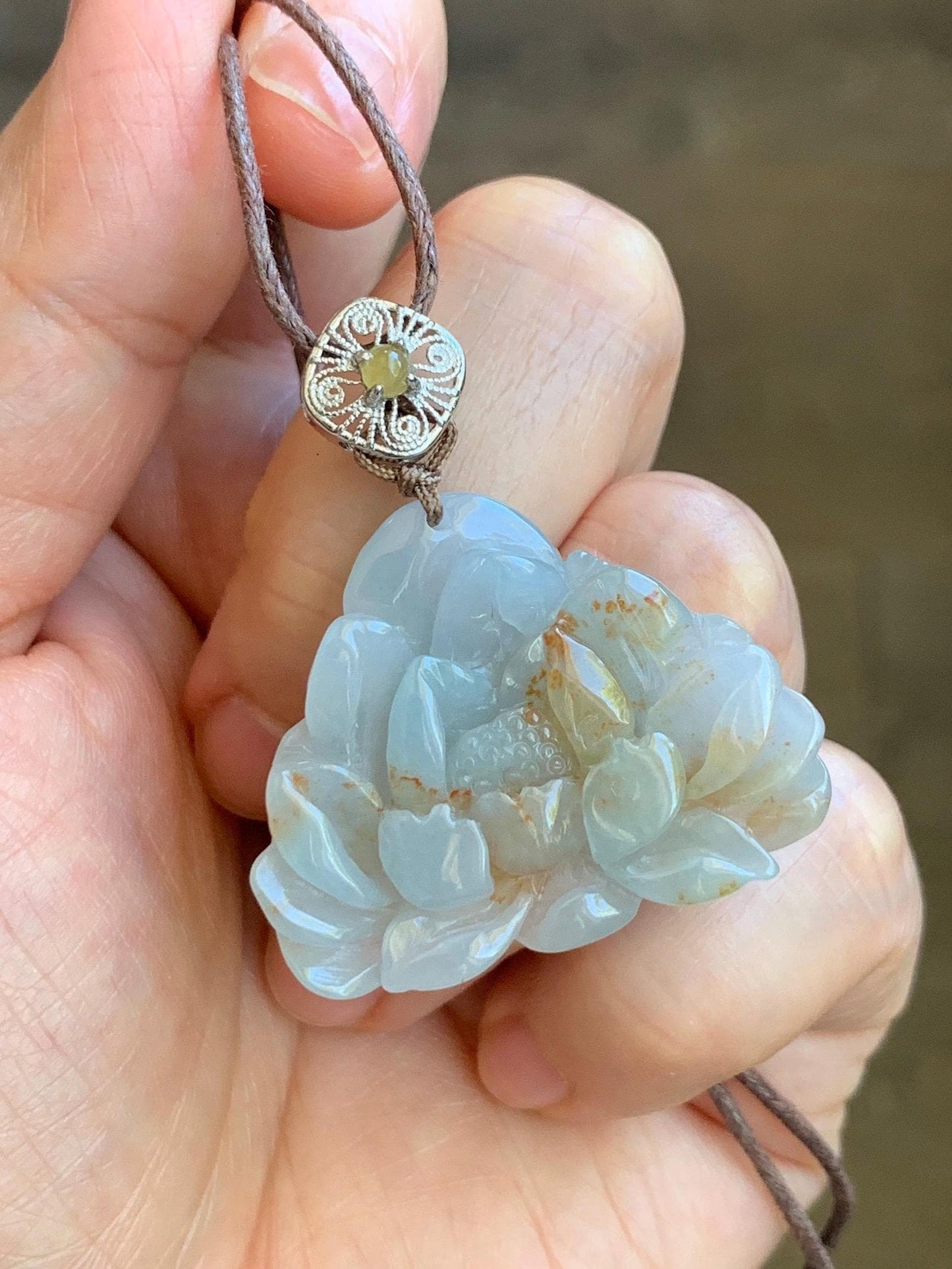 Natural Grade A Icy Translucent Pastel Blue Golden Brown Marbled Jadeite Lotus Flower Rope Necklace Sterling Silver 26" 10g 天然冰胶蓝底撒金翡翠莲花吊坠 Z