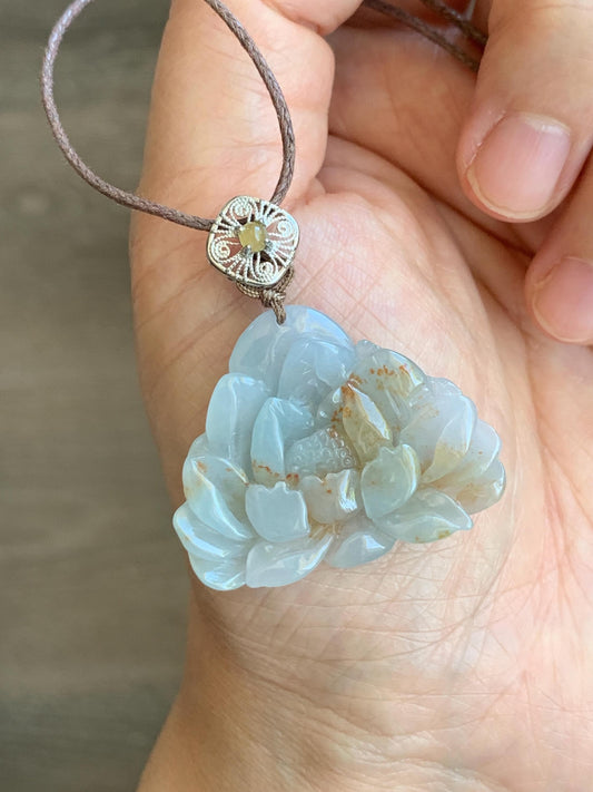 Natural Grade A Icy Translucent Pastel Blue Golden Brown Marbled Jadeite Lotus Flower Rope Necklace Sterling Silver 26" 10g 天然冰胶蓝底撒金翡翠莲花吊坠 Z