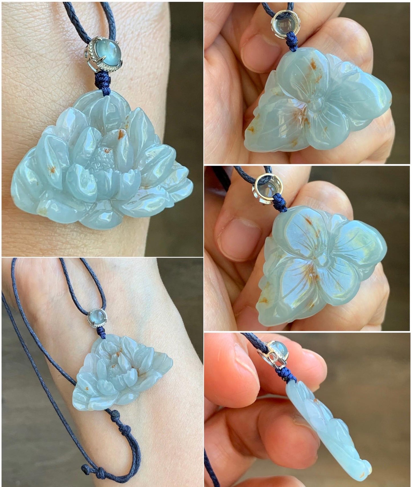 Natural Grade A Icy Translucent Pastel Blue Golden Brown Marbled Jadeite Lotus Flower Rope Necklace Sterling Silver 27" 9g 天然冰胶淡蓝撒金翡翠莲花吊坠 B