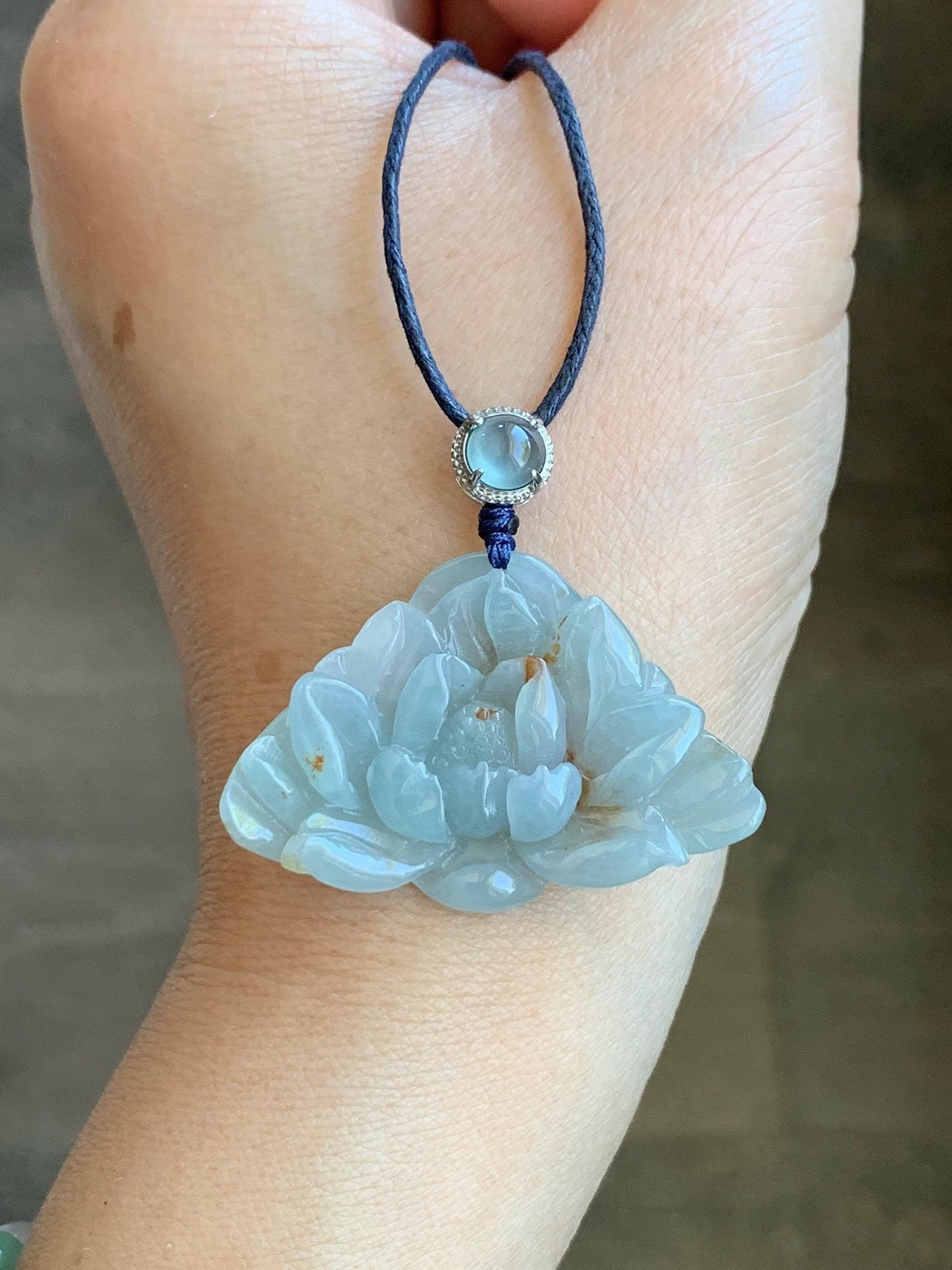Natural Grade A Icy Translucent Pastel Blue Golden Brown Marbled Jadeite Lotus Flower Rope Necklace Sterling Silver 27" 9g 天然冰胶淡蓝撒金翡翠莲花吊坠 B