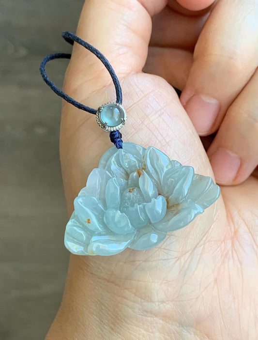 Natural Grade A Icy Translucent Pastel Blue Golden Brown Marbled Jadeite Lotus Flower Rope Necklace Sterling Silver 27" 9g 天然冰胶淡蓝撒金翡翠莲花吊坠 B