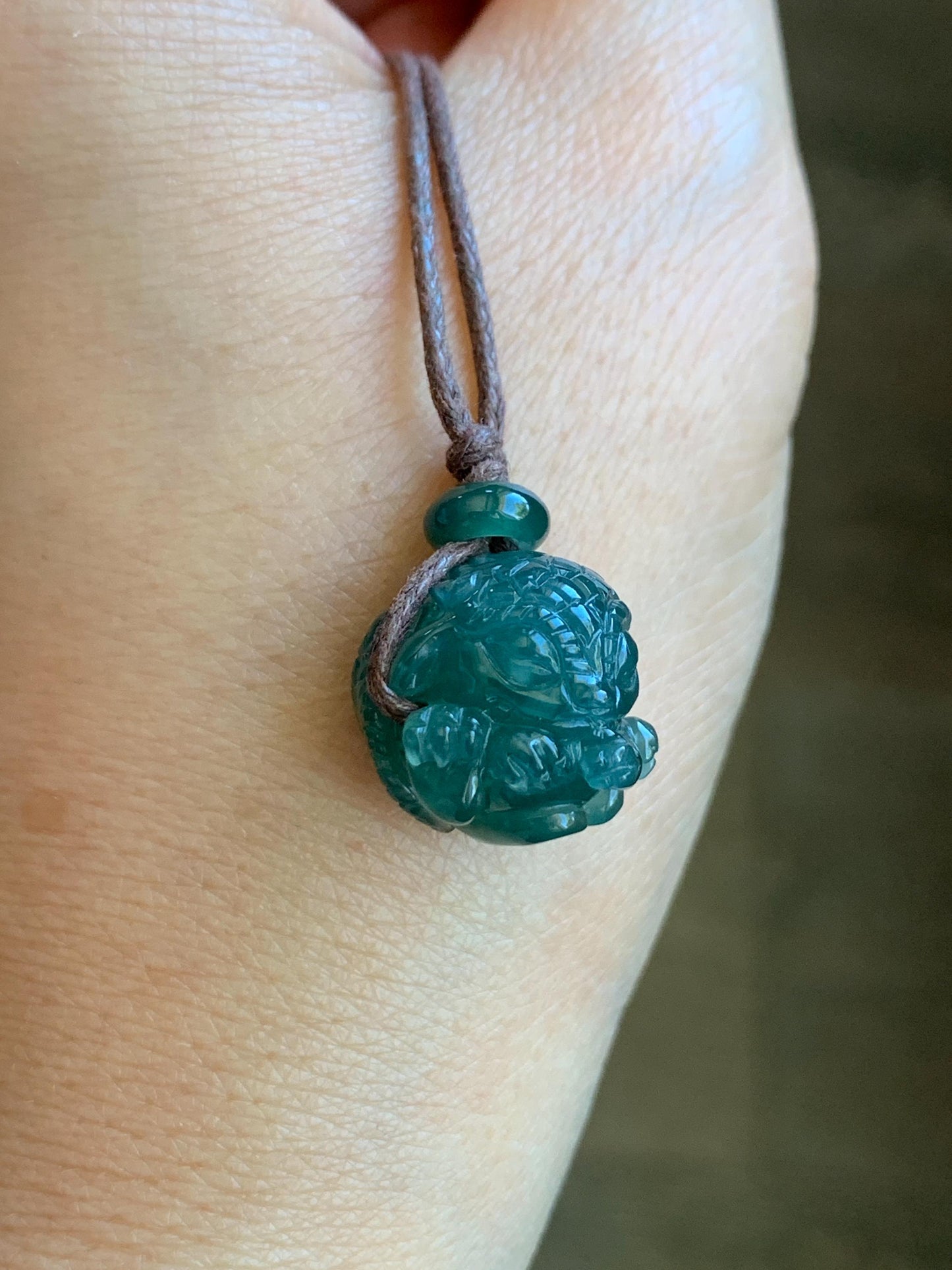 Natural Grade A Guatemalan Icy Translucent Deep Teal Blue Jadeite Baby Dragon Ball Pendant Rope Necklace 27” 6g 天然老种冰胶危深蓝翡翠龙宝宝吊坠 LBX180A