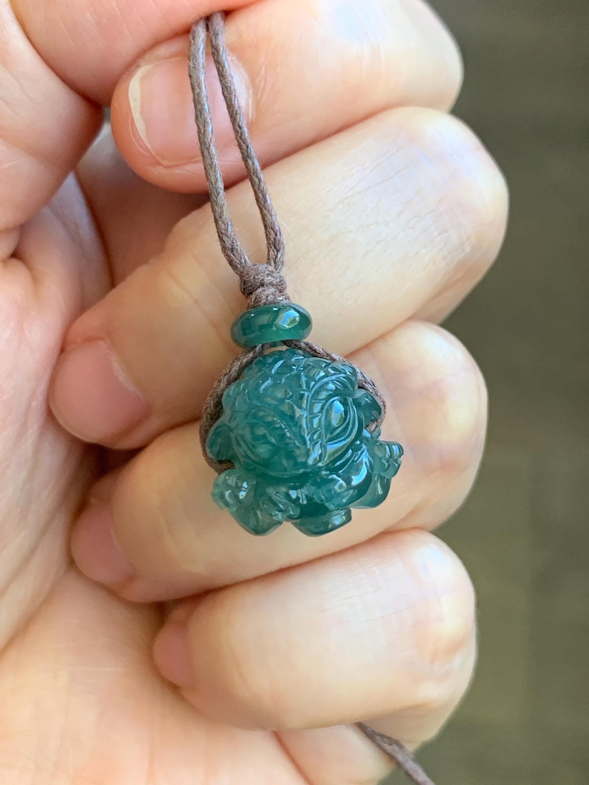 Natural Grade A Guatemalan Icy Translucent Deep Teal Blue Jadeite Baby Dragon Ball Pendant Rope Necklace 27” 6g 天然老种冰胶危深蓝翡翠龙宝宝吊坠 LBX180A