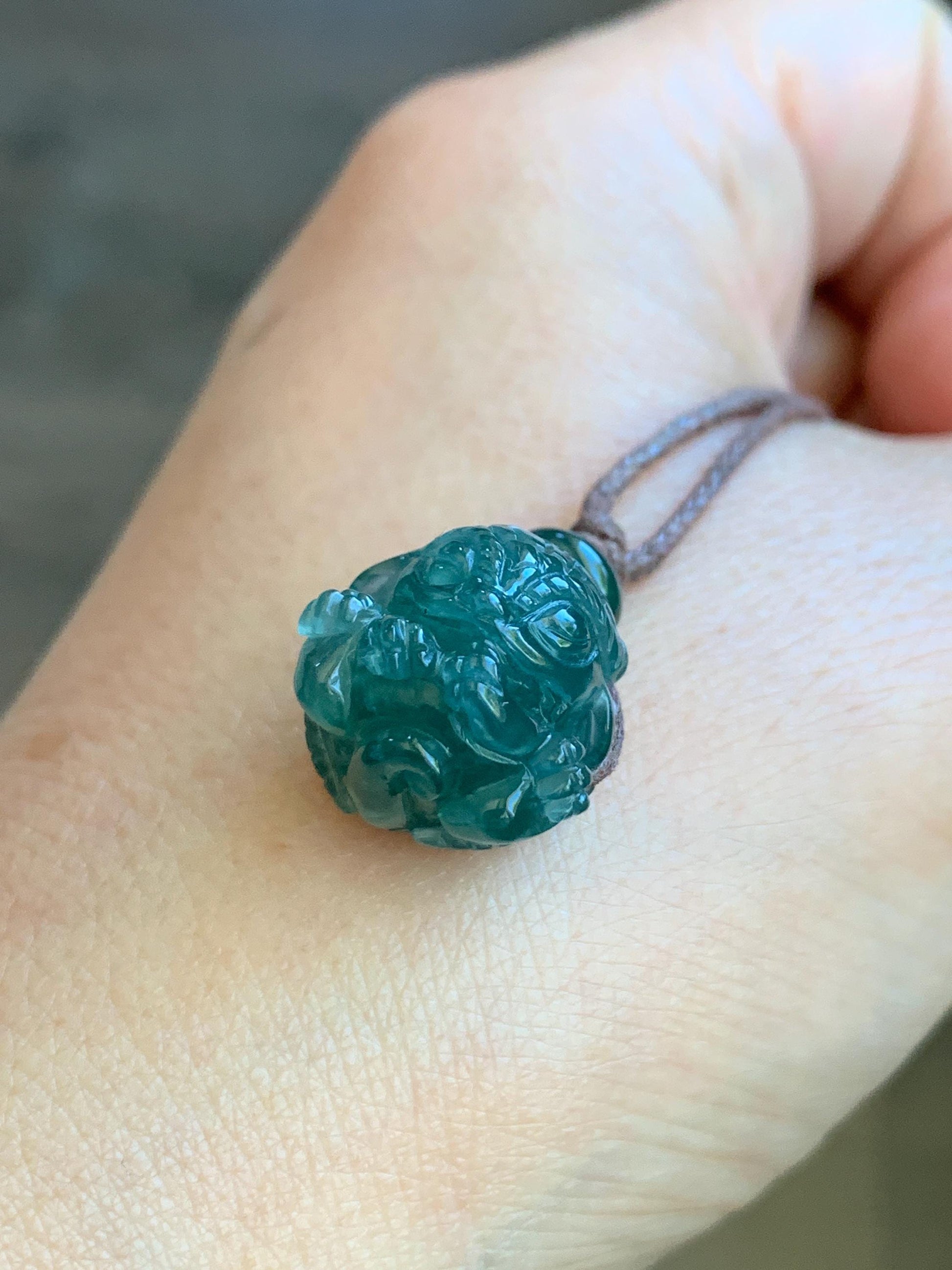 Natural Grade A Guatemalan Icy Translucent Deep Teal Blue Jadeite Baby Dragon Ball Pendant Rope Necklace 27” 6g 天然老种冰胶危深蓝翡翠龙宝宝吊坠 LBX180A