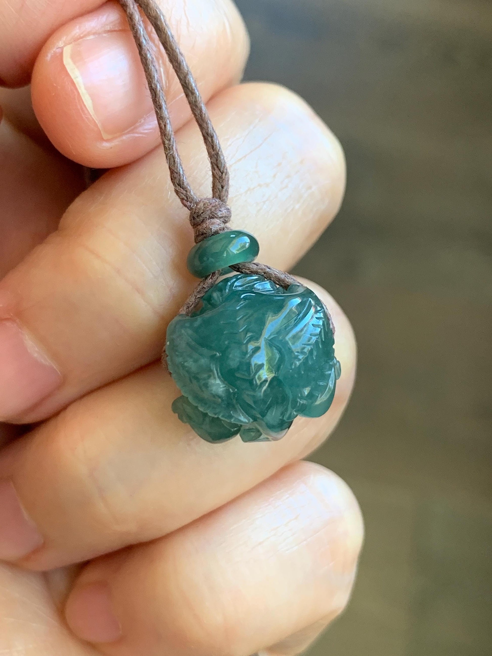 Natural Grade A Guatemalan Icy Translucent Deep Teal Blue Jadeite Baby Dragon Ball Pendant Rope Necklace 27” 6g 天然老种冰胶危深蓝翡翠龙宝宝吊坠 LBX180A