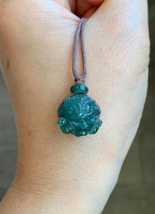 Natural Grade A Guatemalan Icy Translucent Deep Teal Blue Jadeite Baby Dragon Ball Pendant Rope Necklace 27” 6g 天然老种冰胶危深蓝翡翠龙宝宝吊坠 LBX180A