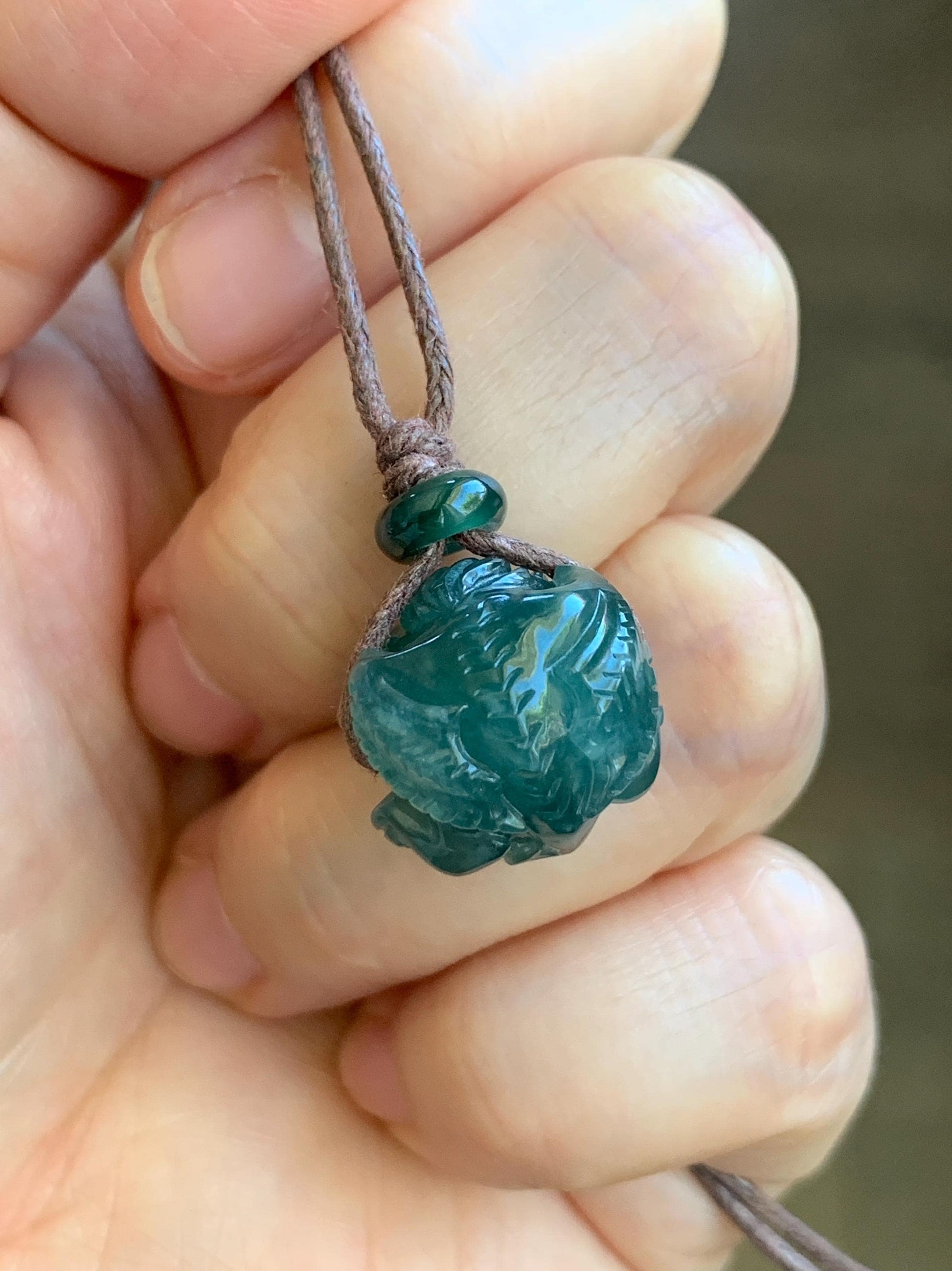 Natural Grade A Guatemalan Icy Translucent Deep Teal Blue Jadeite Baby Dragon Ball Pendant Rope Necklace 25” 7g 天然老种冰胶危深蓝翡翠龙宝宝吊坠 LBX180B