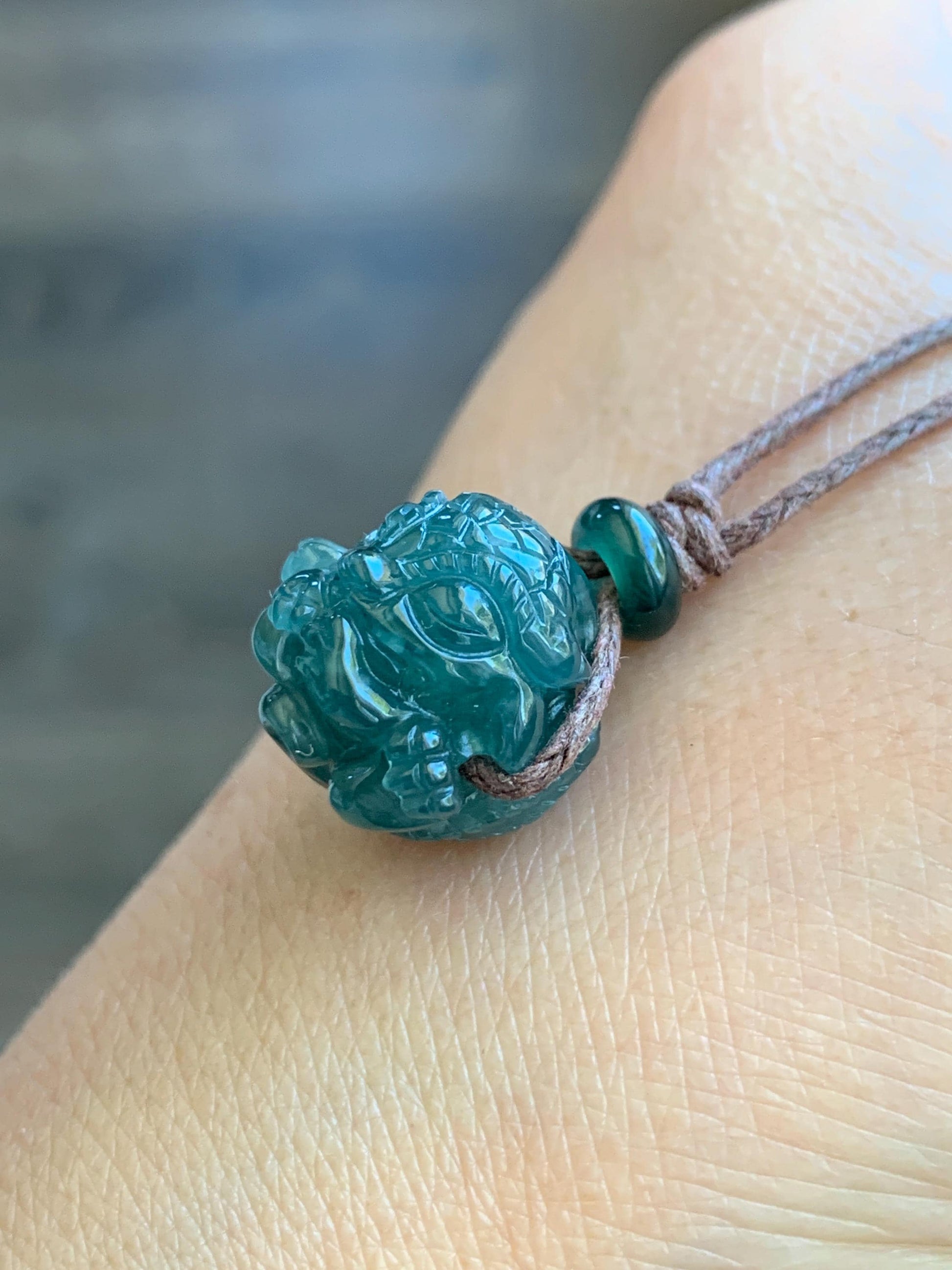 Natural Grade A Guatemalan Icy Translucent Deep Teal Blue Jadeite Baby Dragon Ball Pendant Rope Necklace 25” 7g 天然老种冰胶危深蓝翡翠龙宝宝吊坠 LBX180B