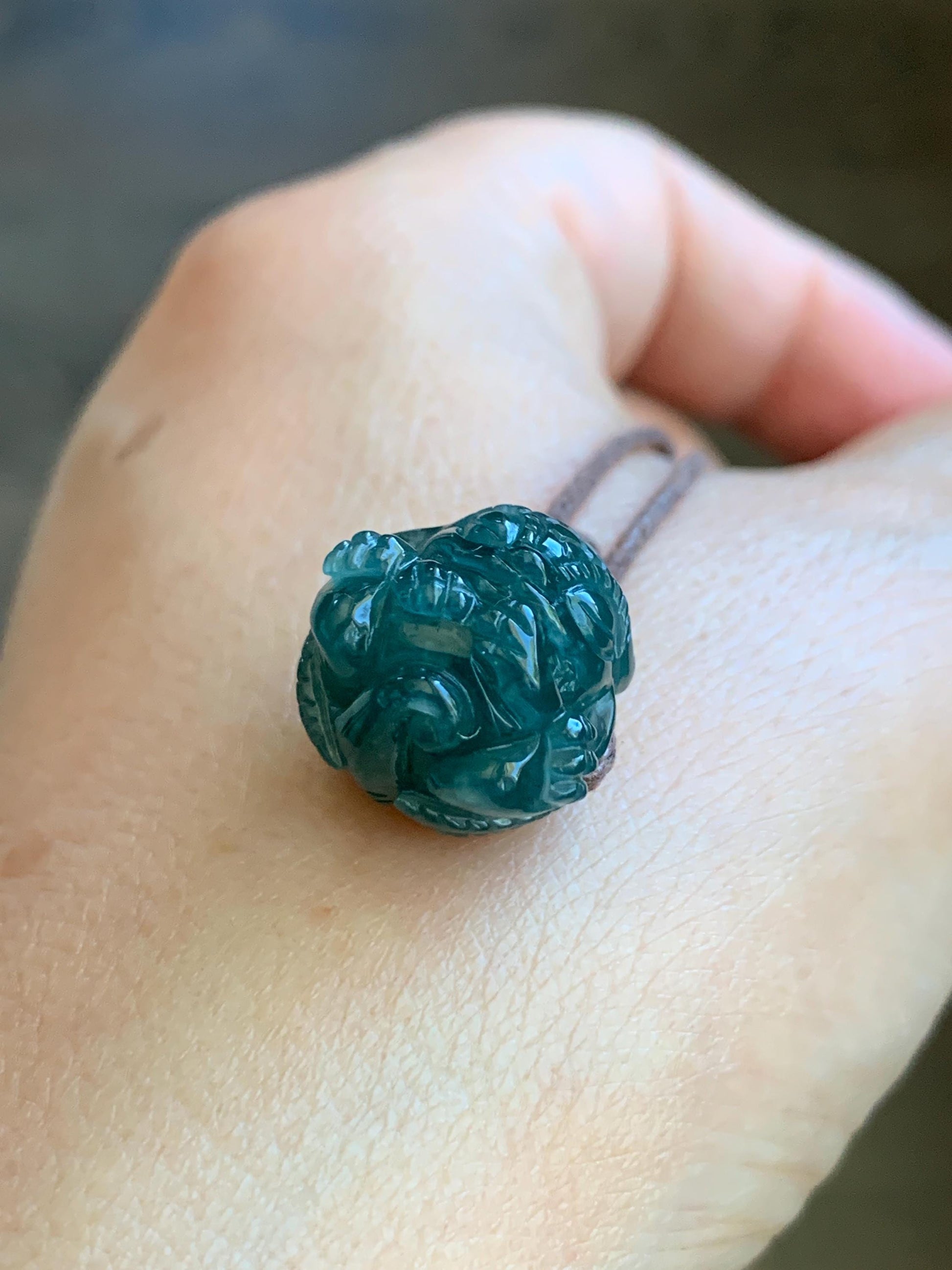 Natural Grade A Guatemalan Icy Translucent Deep Teal Blue Jadeite Baby Dragon Ball Pendant Rope Necklace 25” 7g 天然老种冰胶危深蓝翡翠龙宝宝吊坠 LBX180B