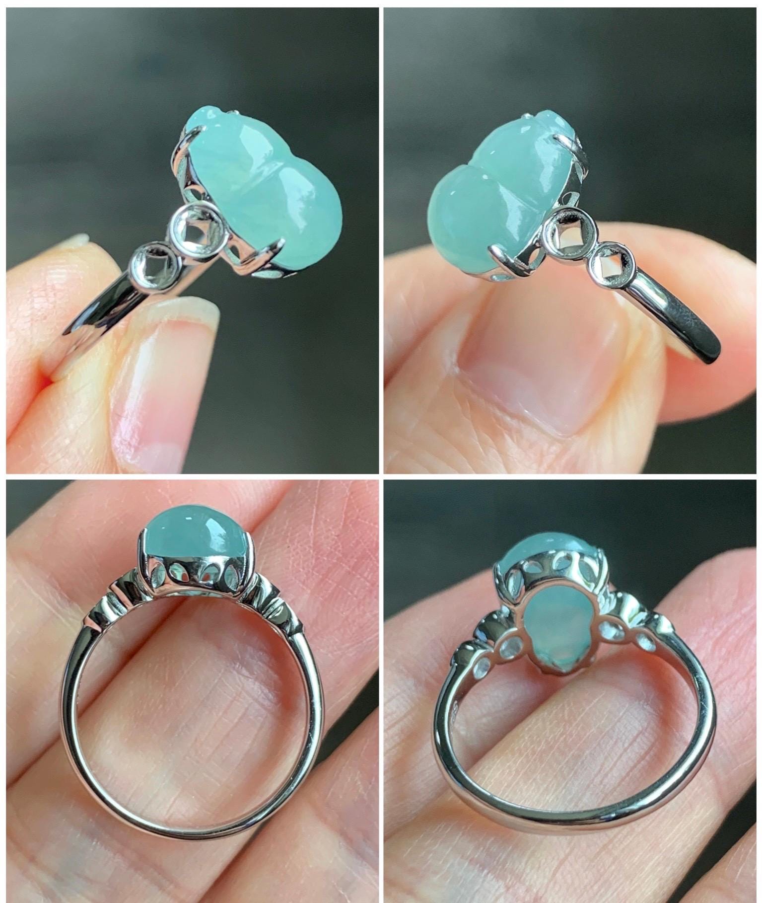 Certified Natural Grade A Icy Translucent Gelatinous Light Green Jadeite Gourd Hulu Ring Sterling Silver size 7 US 2.7g 天然冰胶晴蓝底翡翠葫芦镶嵌戒指 1504