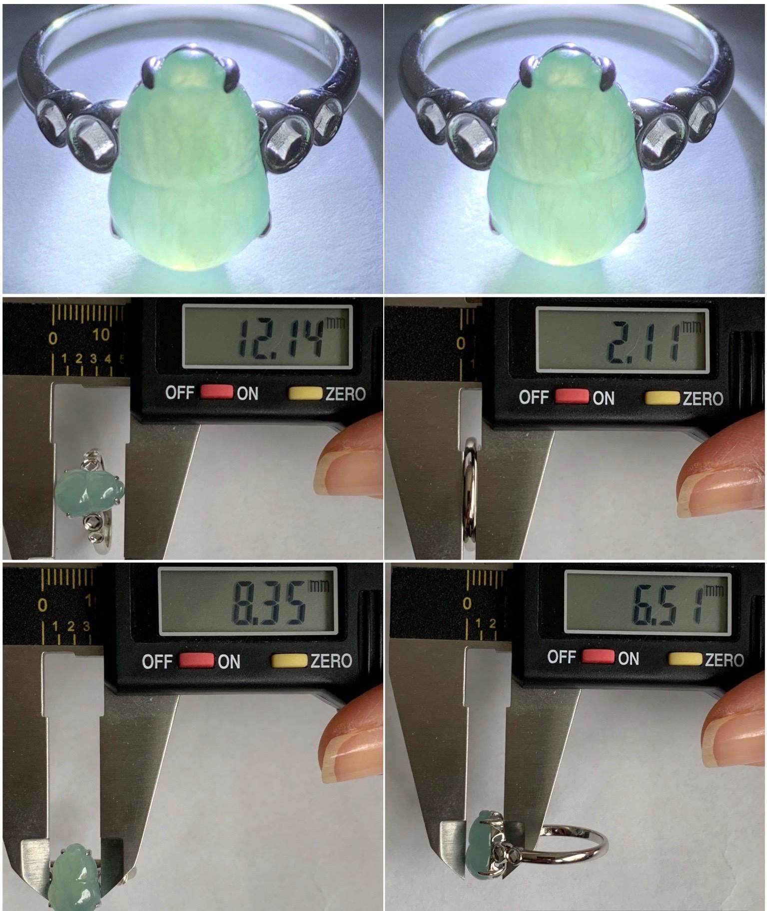Certified Natural Grade A Icy Translucent Gelatinous Light Green Jadeite Gourd Hulu Ring Sterling Silver size 7 US 2.7g 天然冰胶晴蓝底翡翠葫芦镶嵌戒指 1504