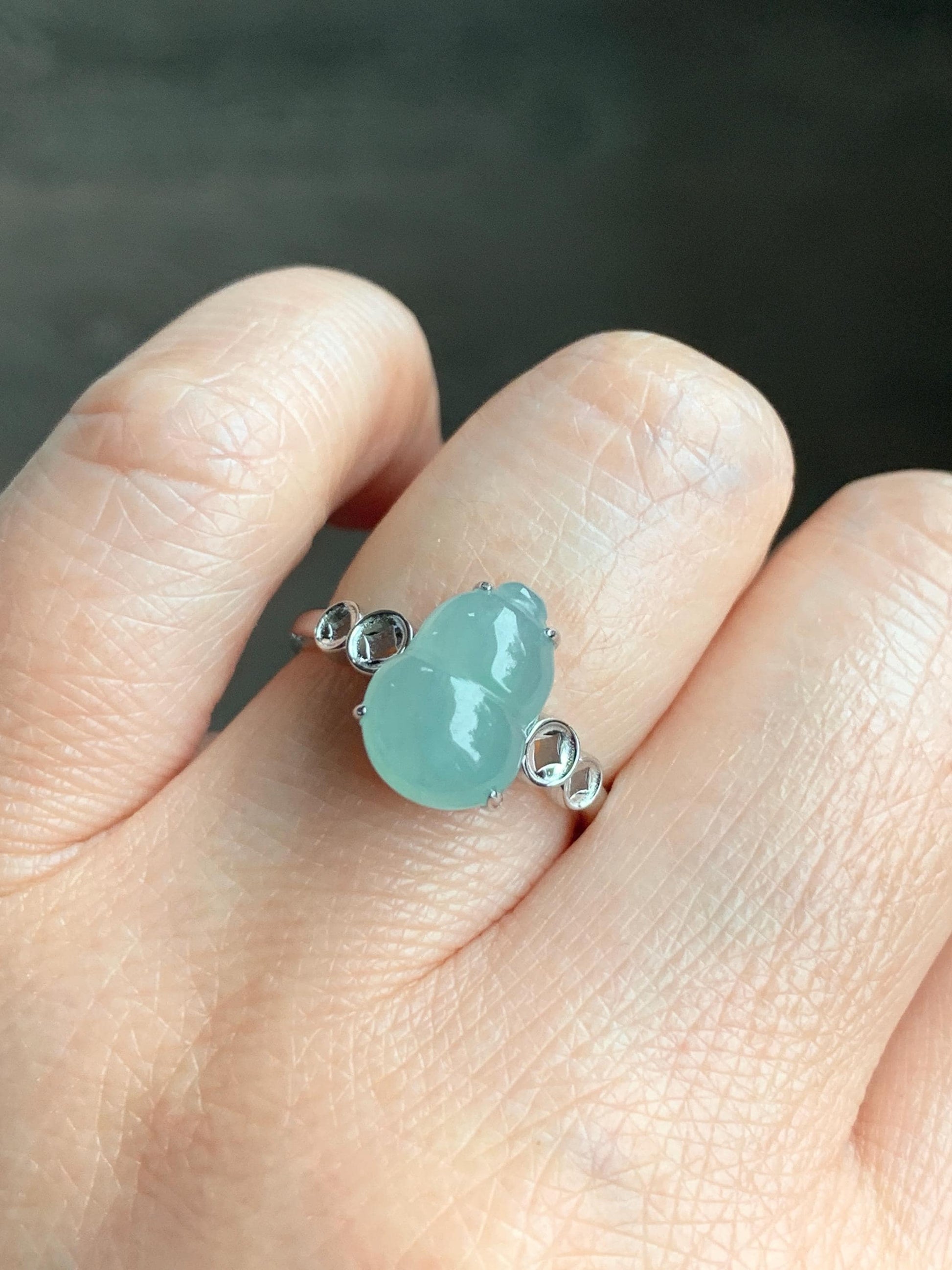 Certified Natural Grade A Icy Translucent Gelatinous Light Green Jadeite Gourd Hulu Ring Sterling Silver size 7 US 2.7g 天然冰胶晴蓝底翡翠葫芦镶嵌戒指 1504