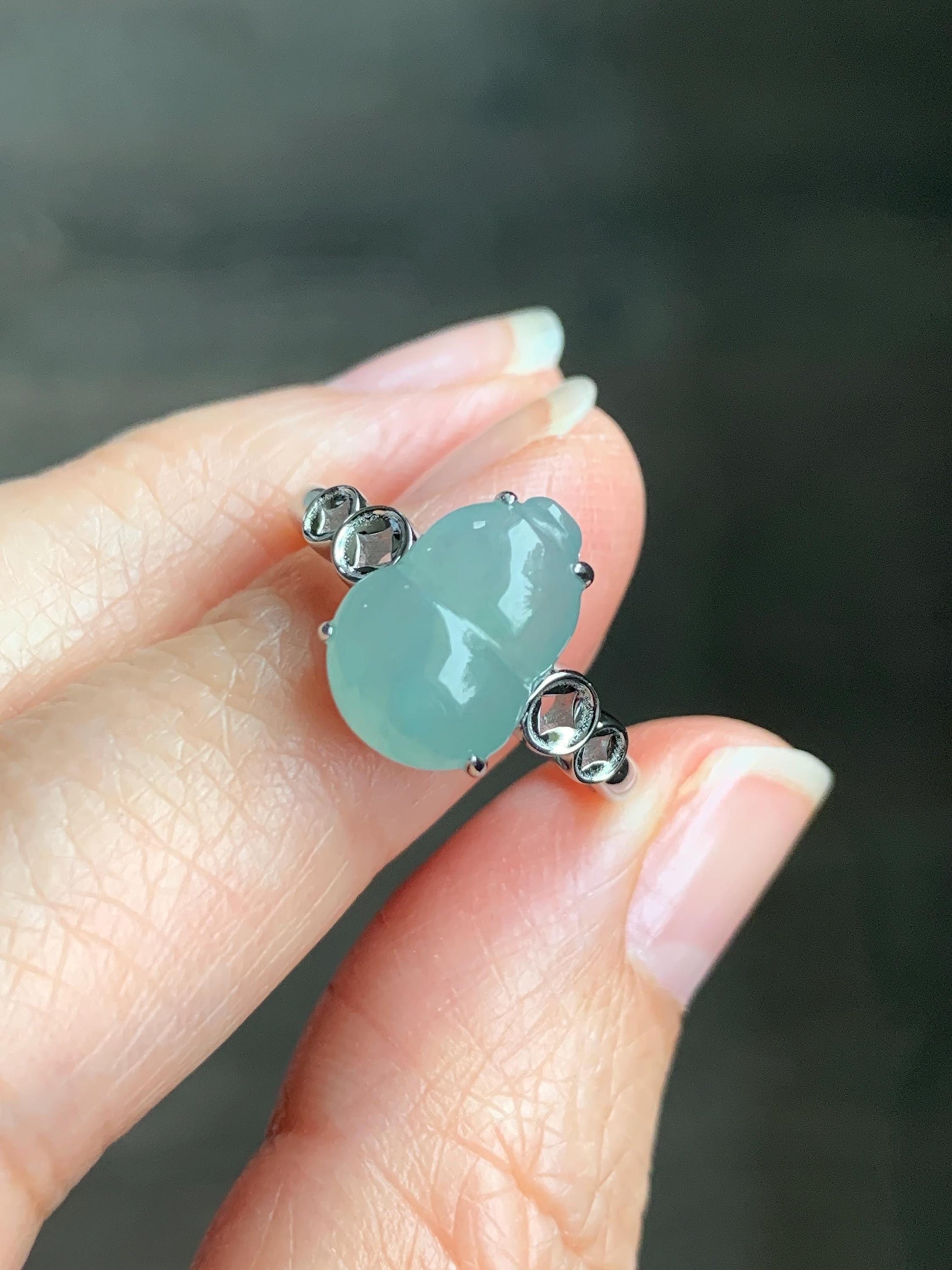 Certified Natural Grade A Icy Translucent Gelatinous Light Green Jadeite Gourd Hulu Ring Sterling Silver size 7 US 2.7g 天然冰胶晴蓝底翡翠葫芦镶嵌戒指 1504