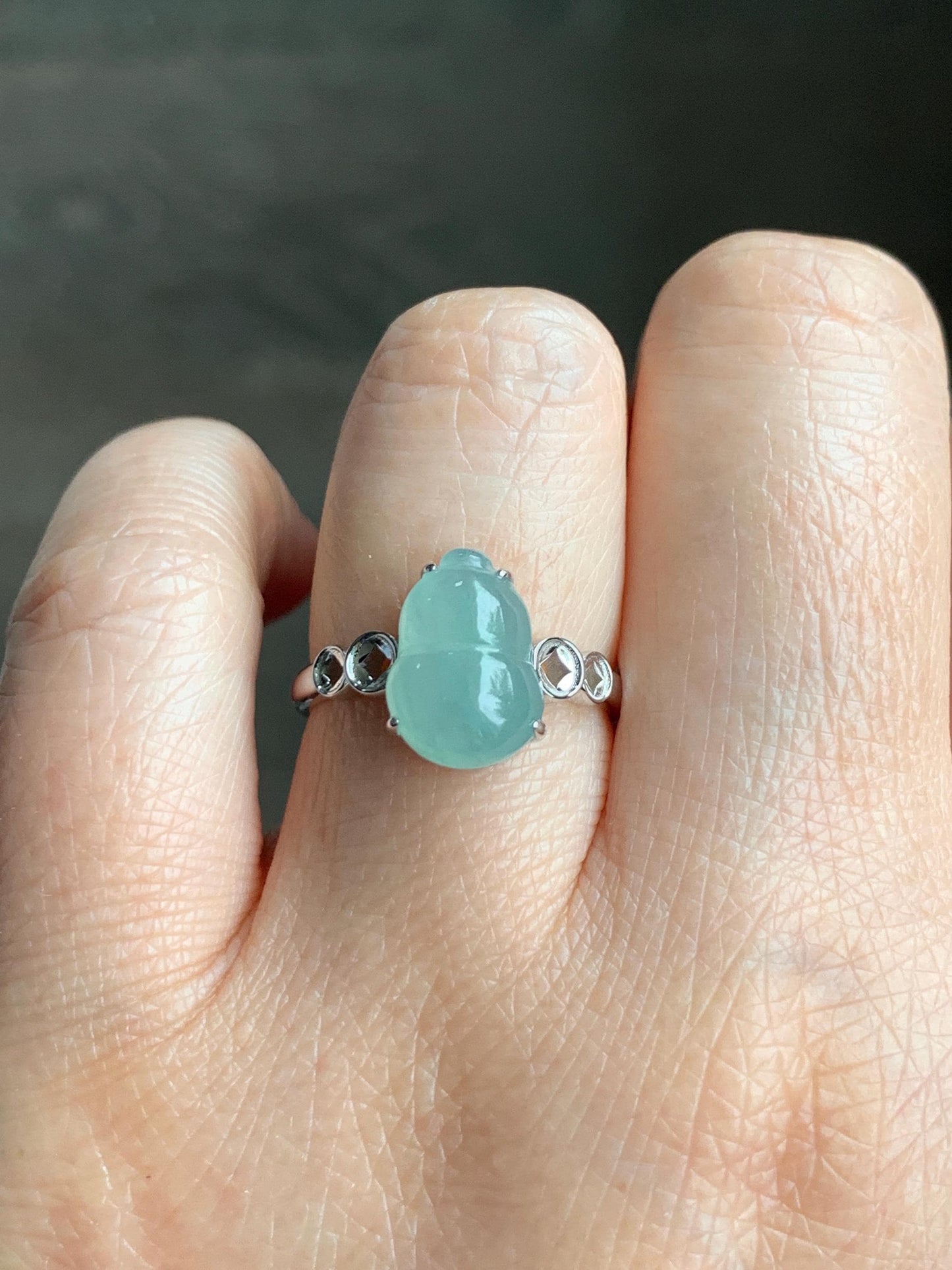 Certified Natural Grade A Icy Translucent Gelatinous Light Green Jadeite Gourd Hulu Ring Sterling Silver size 7 US 2.7g 天然冰胶晴蓝底翡翠葫芦镶嵌戒指 1504