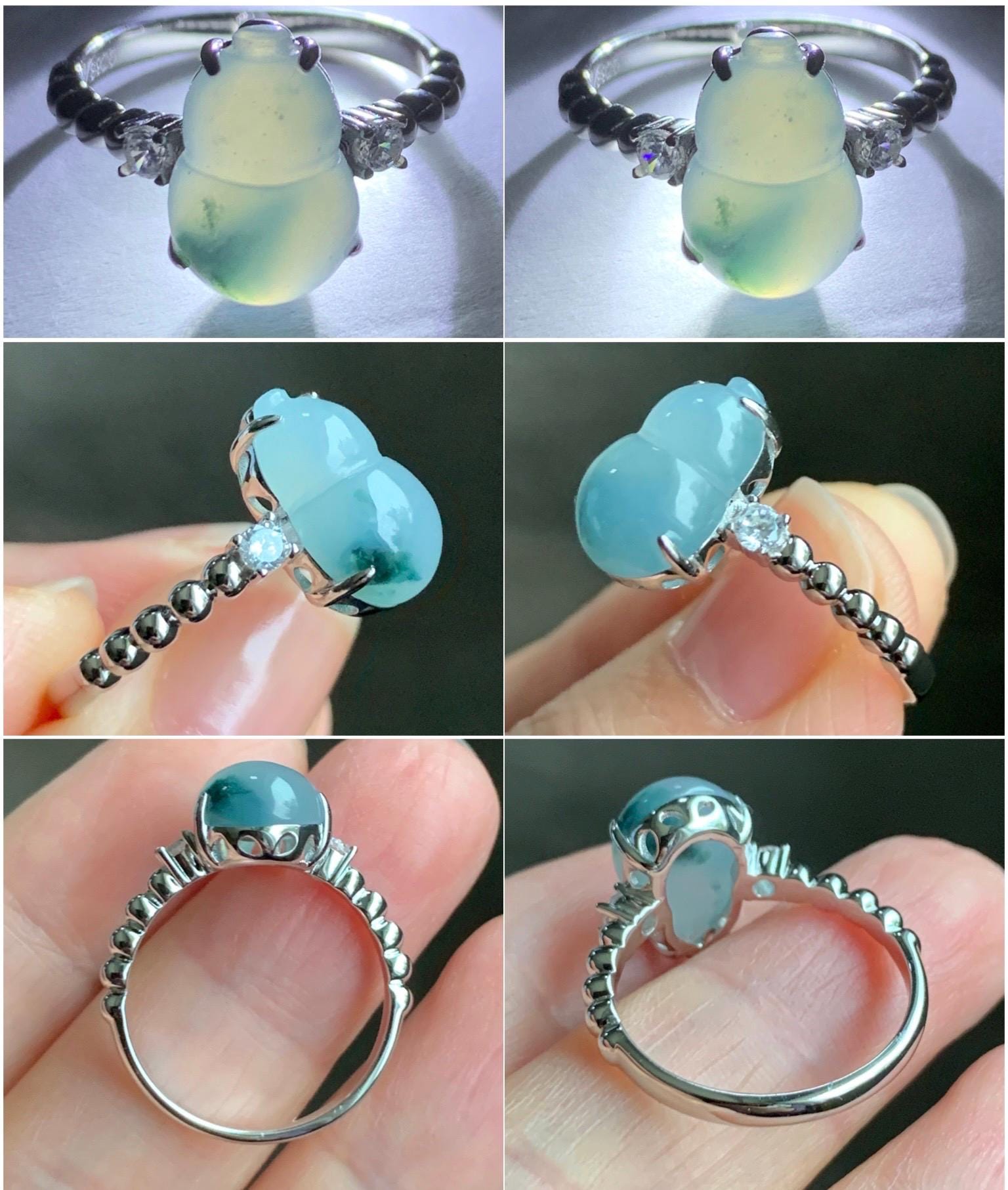 Certified Natural Grade A Icy Translucent Gelatinous Teal Green Marbled Jadeite Gourd Hulu Ring Sterling Silver sz 7.25 天然冰胶蓝花翡翠葫芦镶嵌戒指 1503