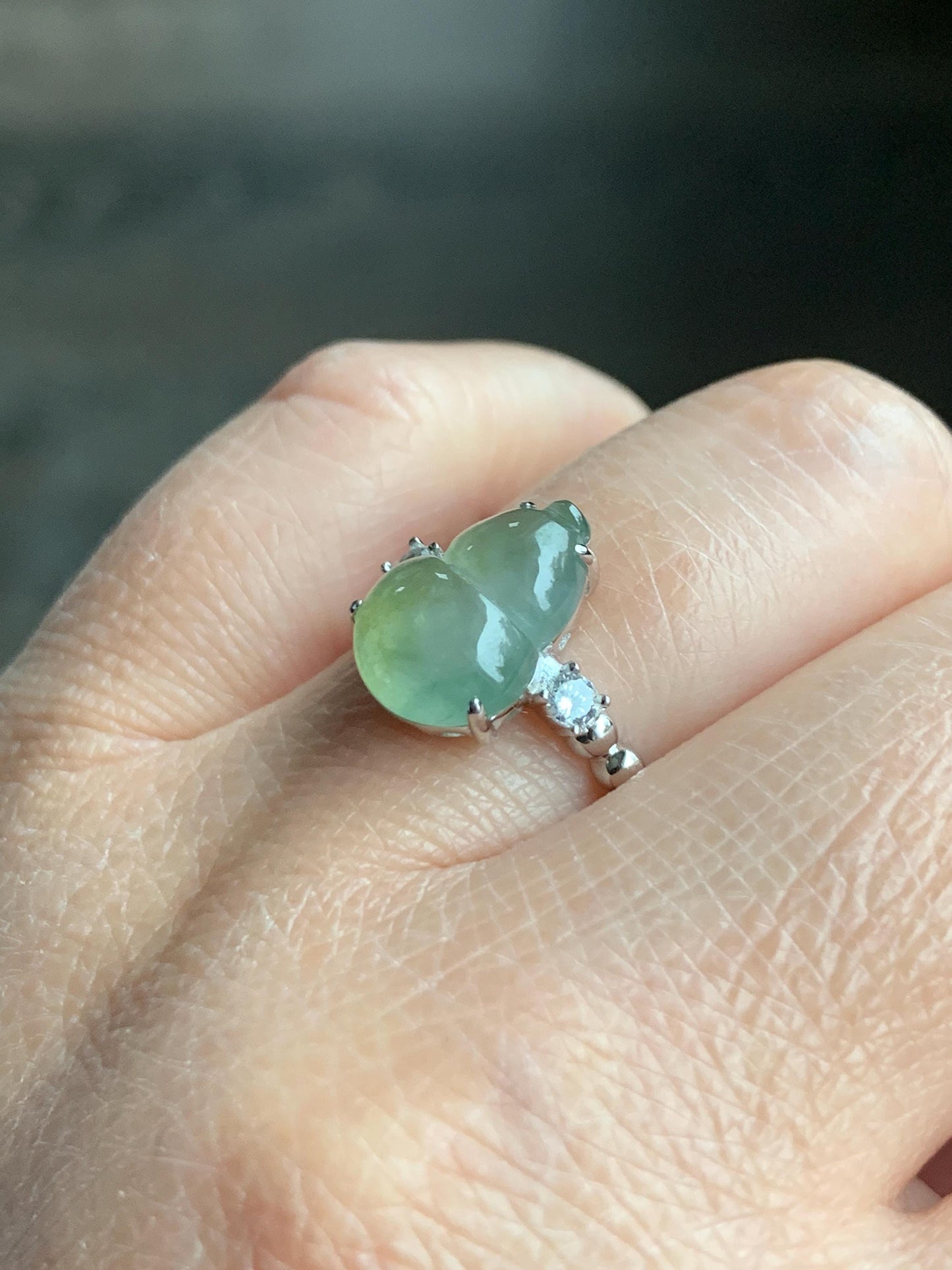Certified Natural Grade A Icy Highly Translucent Gelatinous Light Green Jadeite Gourd Hulu Ring Sterling Silver size 7 天然正冰晴色翡翠葫芦镶嵌戒指 1502
