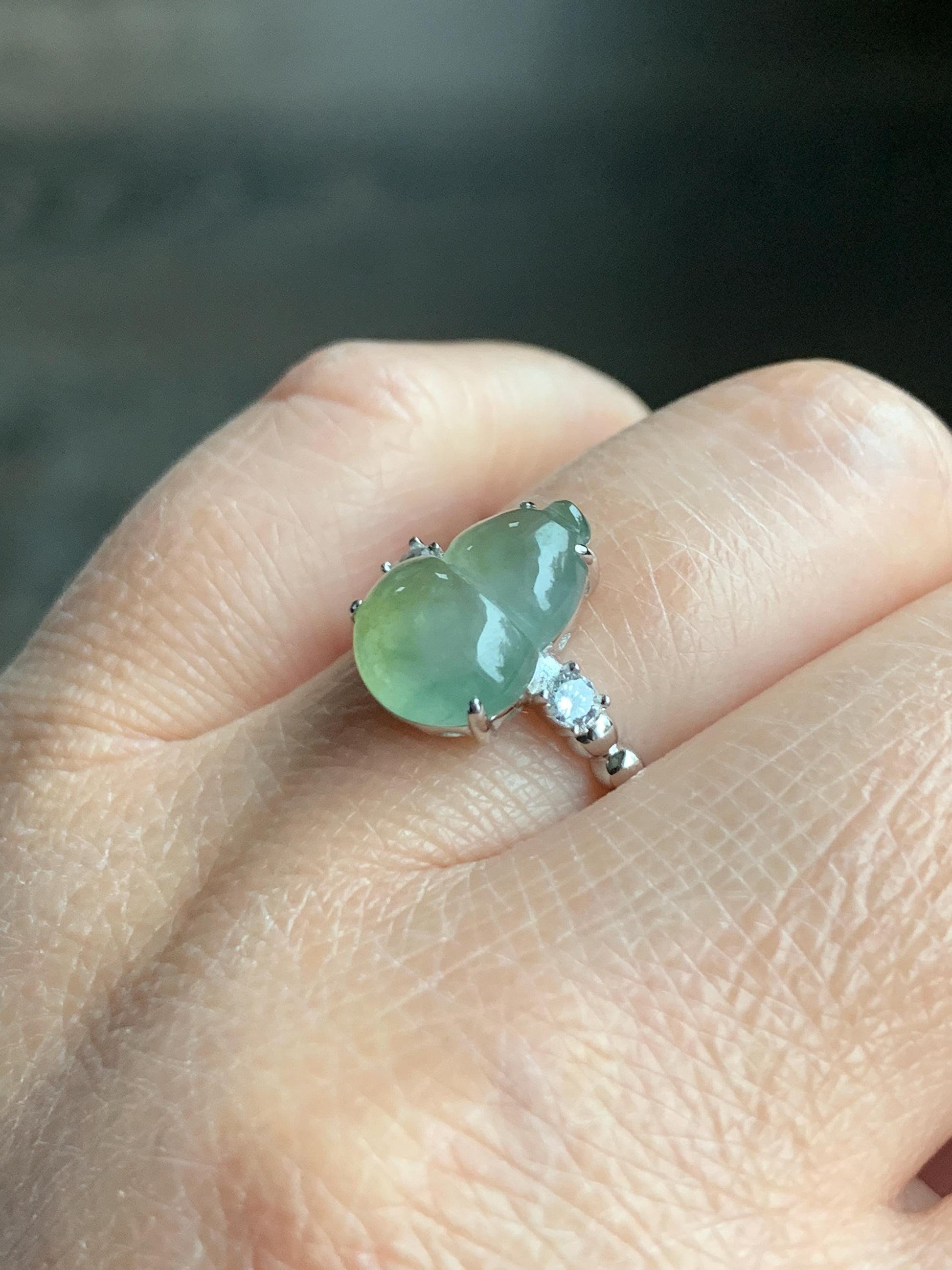 Certified Natural Grade A Icy Highly Translucent Gelatinous Light Green Jadeite Gourd Hulu Ring Sterling Silver size 7 天然正冰晴色翡翠葫芦镶嵌戒指 1502