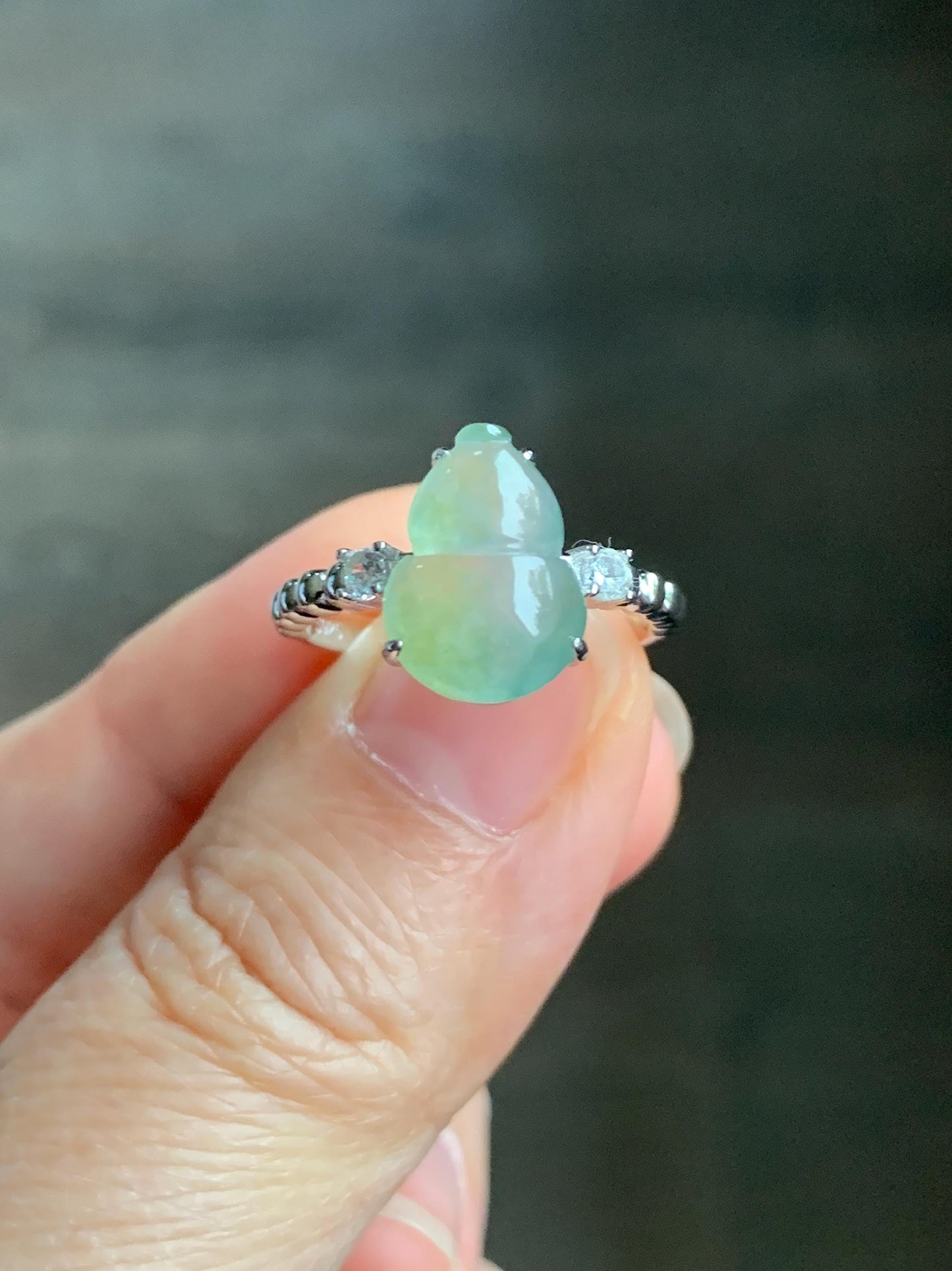 Certified Natural Grade A Icy Highly Translucent Gelatinous Light Green Jadeite Gourd Hulu Ring Sterling Silver size 7 天然正冰晴色翡翠葫芦镶嵌戒指 1502