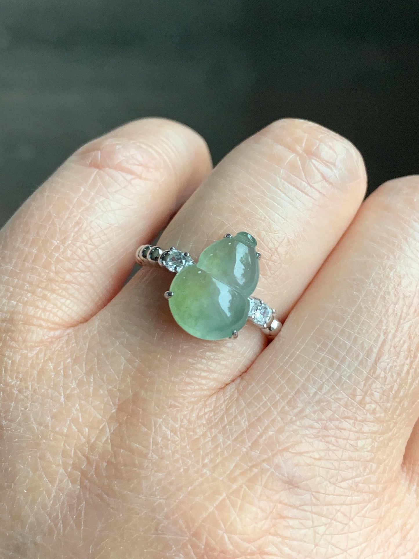 Certified Natural Grade A Icy Highly Translucent Gelatinous Light Green Jadeite Gourd Hulu Ring Sterling Silver size 7 天然正冰晴色翡翠葫芦镶嵌戒指 1502