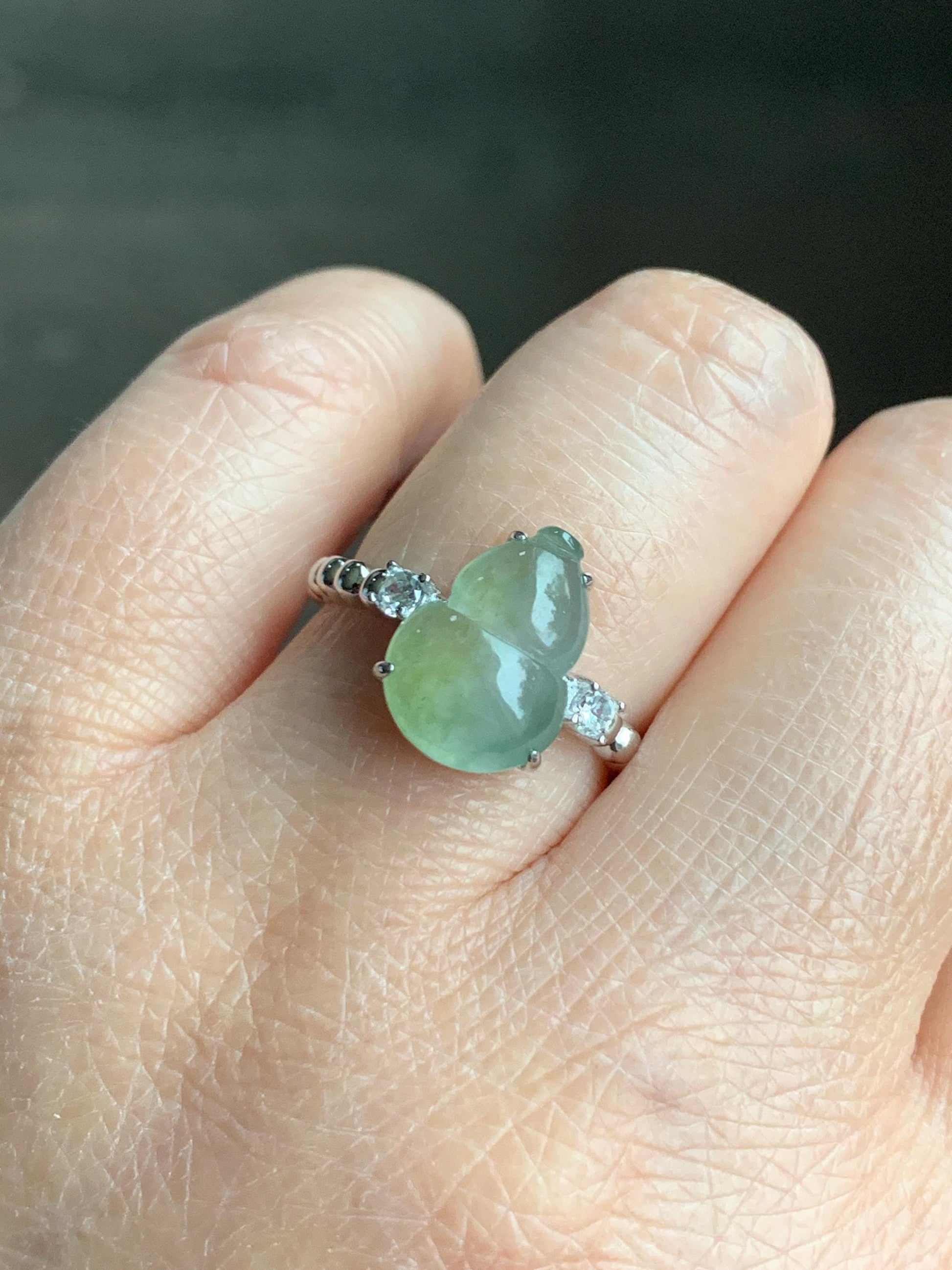 Certified Natural Grade A Icy Highly Translucent Gelatinous Light Green Jadeite Gourd Hulu Ring Sterling Silver size 7 天然正冰晴色翡翠葫芦镶嵌戒指 1502