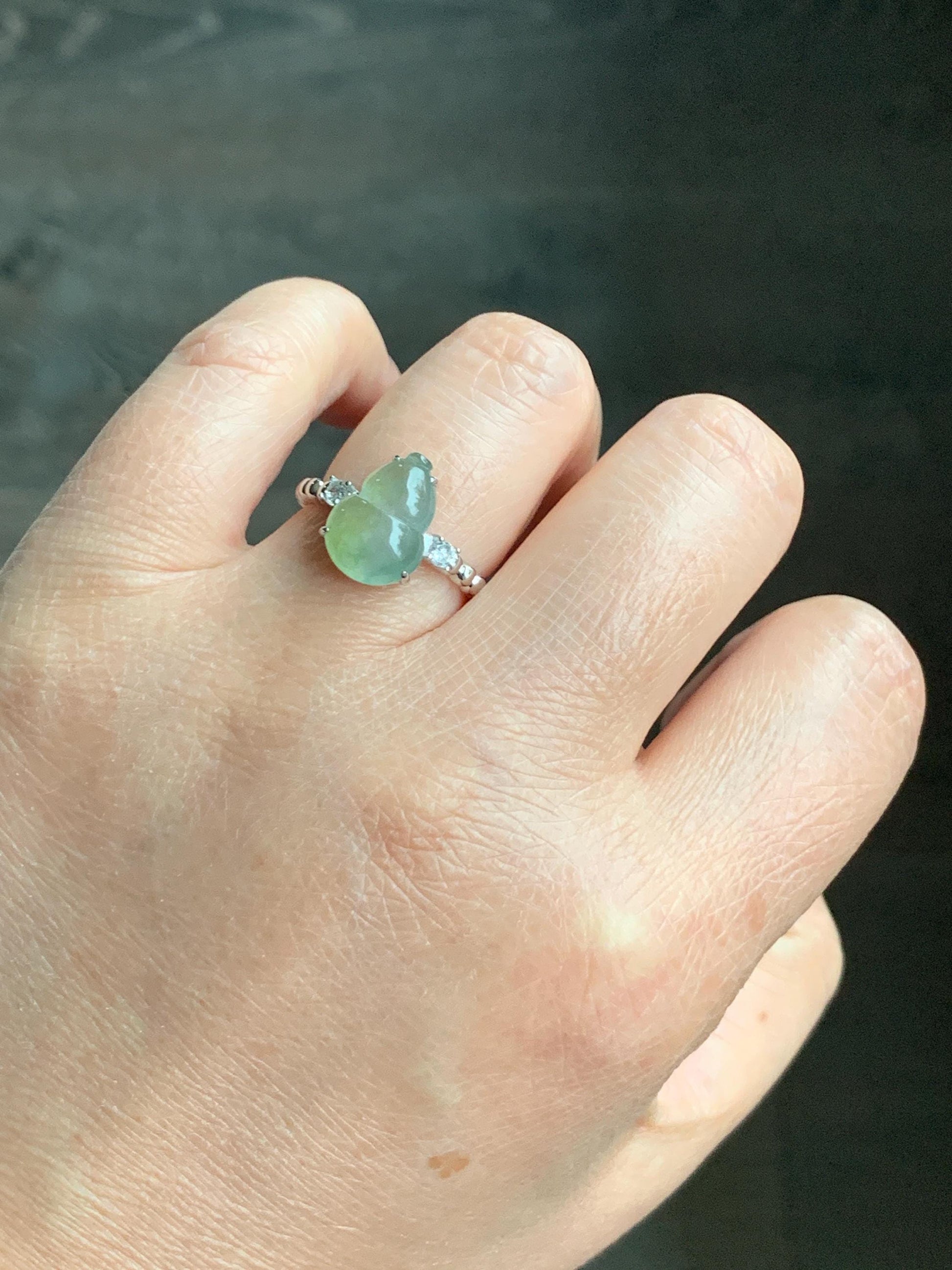 Certified Natural Grade A Icy Highly Translucent Gelatinous Light Green Jadeite Gourd Hulu Ring Sterling Silver size 7 天然正冰晴色翡翠葫芦镶嵌戒指 1502