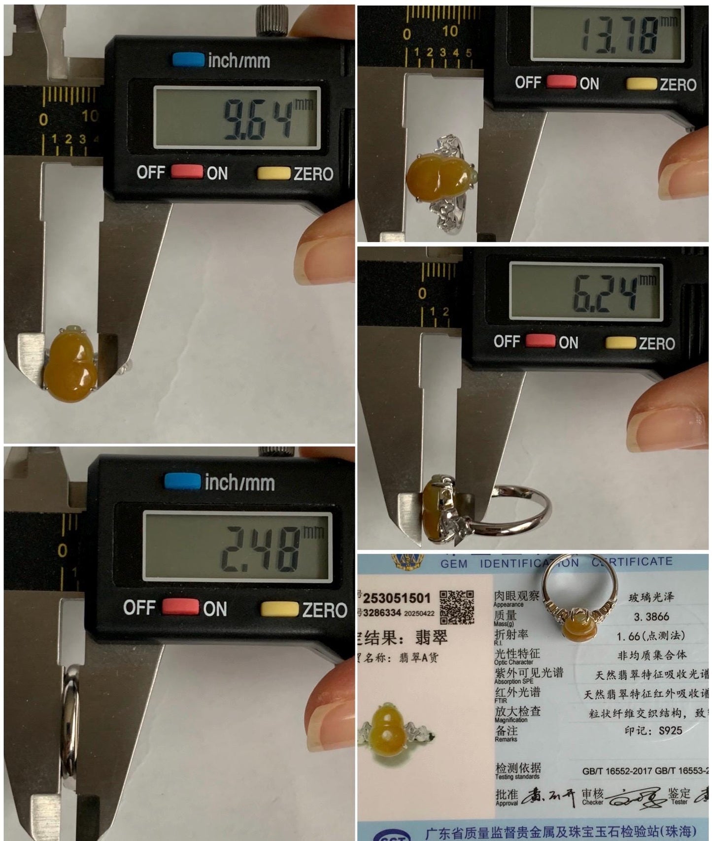 Certified Natural Grade A Icy Translucent Gelatinous Deep Yellow Jadeite Gourd Hulu Ring Sterling Silver size 7.25 US 天然糯冰油黄翡翠葫芦镶嵌戒指 1501
