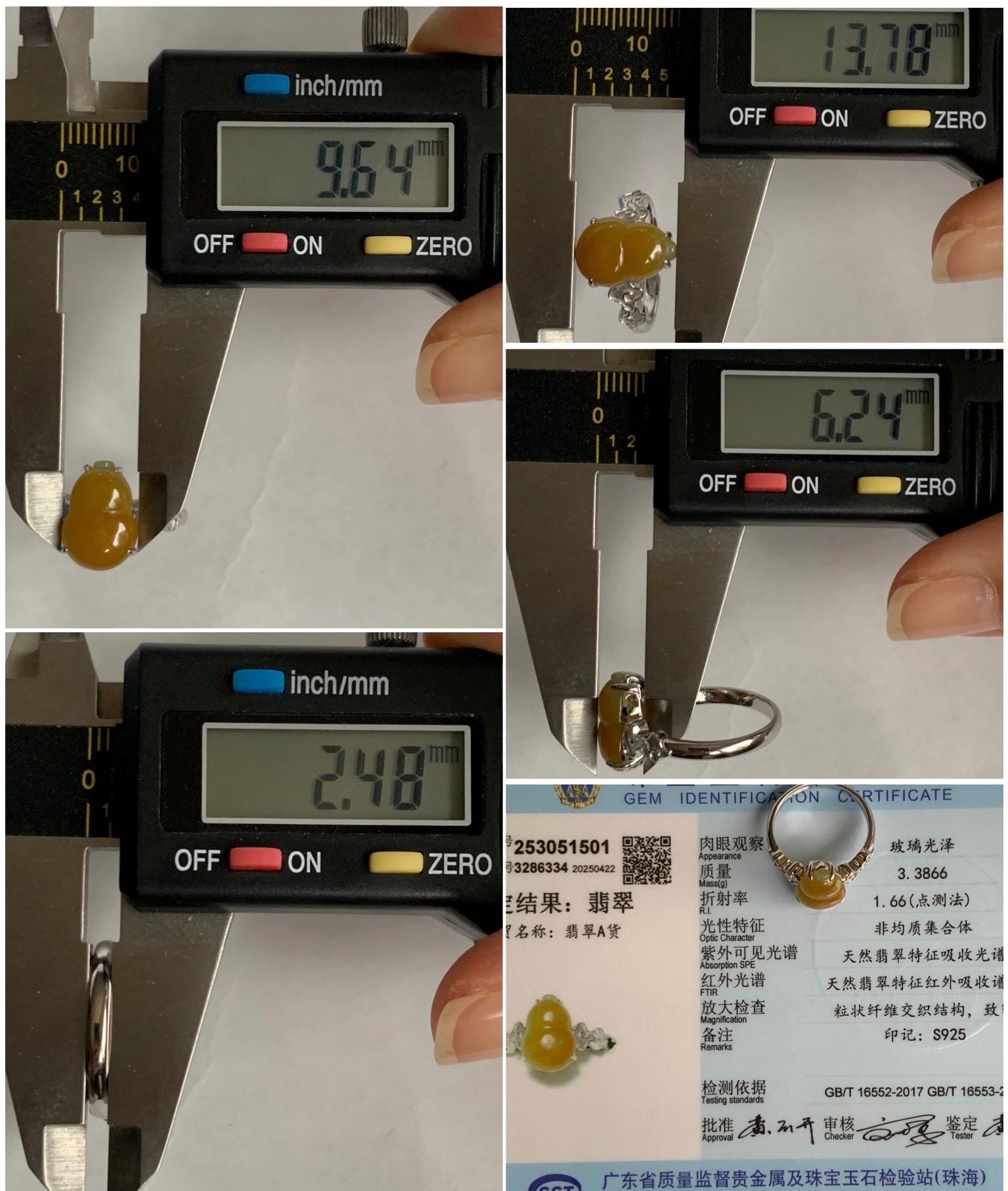 Certified Natural Grade A Icy Translucent Gelatinous Deep Yellow Jadeite Gourd Hulu Ring Sterling Silver size 7.25 US 天然糯冰油黄翡翠葫芦镶嵌戒指 1501