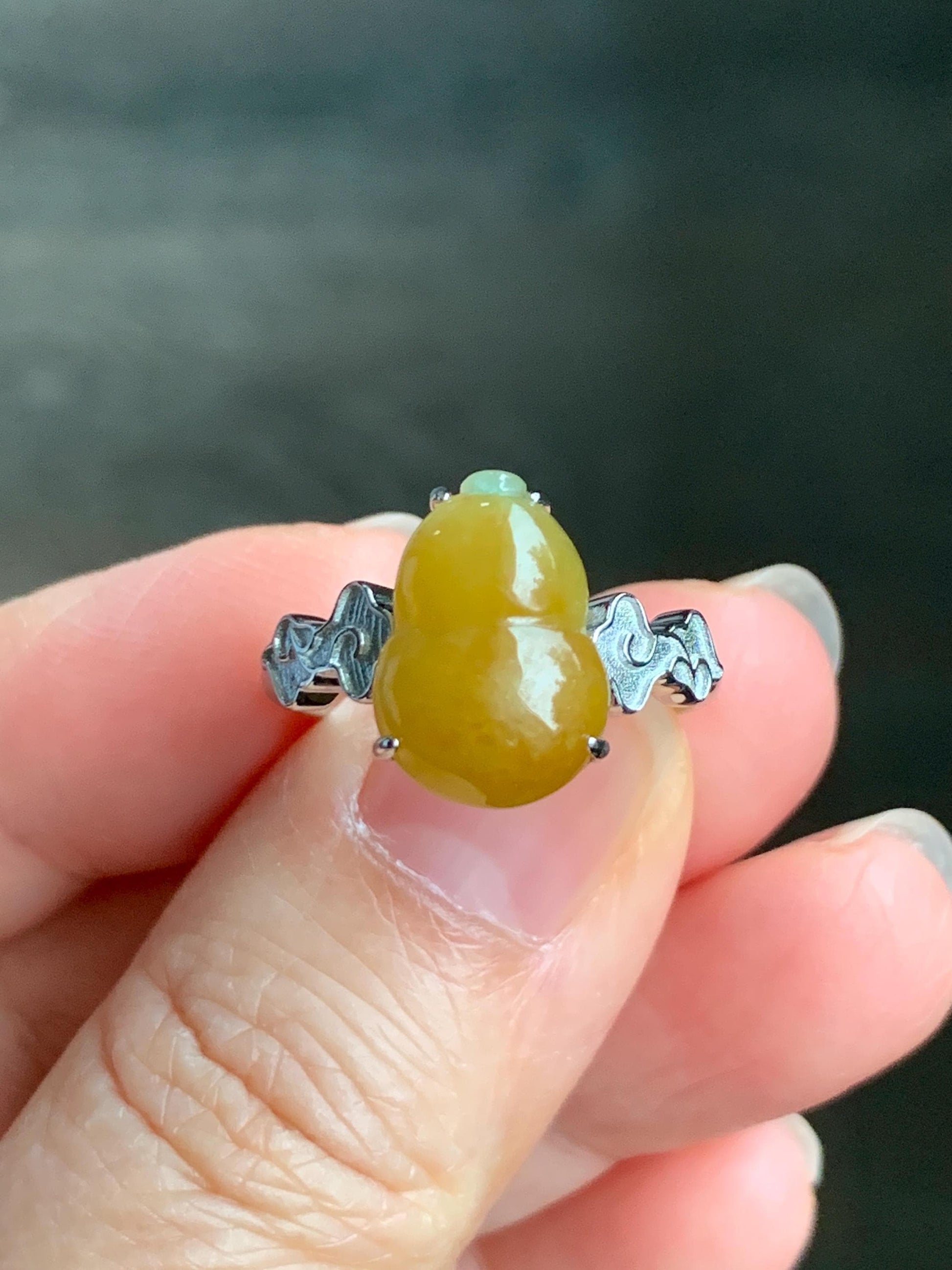 Certified Natural Grade A Icy Translucent Gelatinous Deep Yellow Jadeite Gourd Hulu Ring Sterling Silver size 7.25 US 天然糯冰油黄翡翠葫芦镶嵌戒指 1501