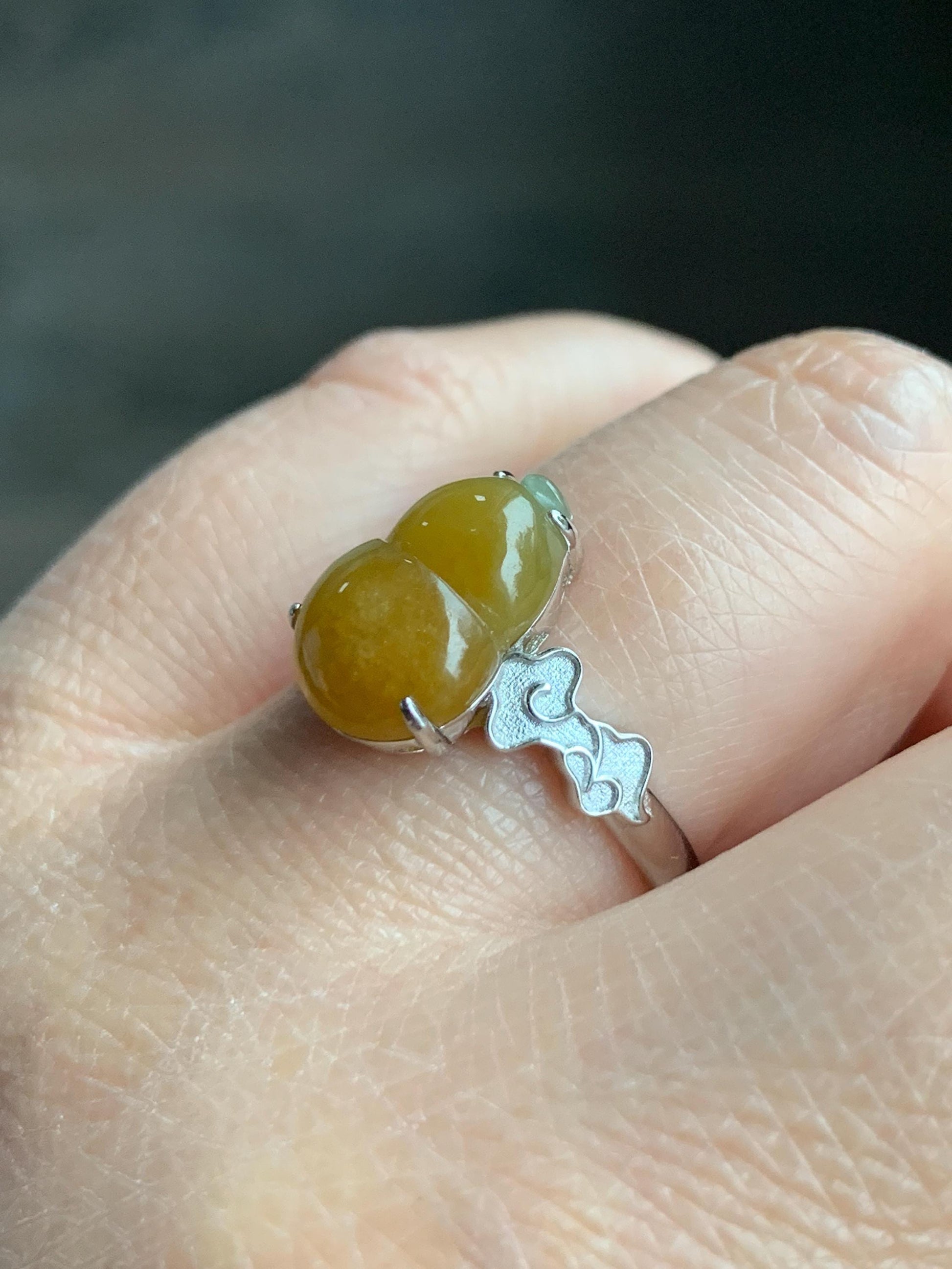 Certified Natural Grade A Icy Translucent Gelatinous Deep Yellow Jadeite Gourd Hulu Ring Sterling Silver size 7.25 US 天然糯冰油黄翡翠葫芦镶嵌戒指 1501