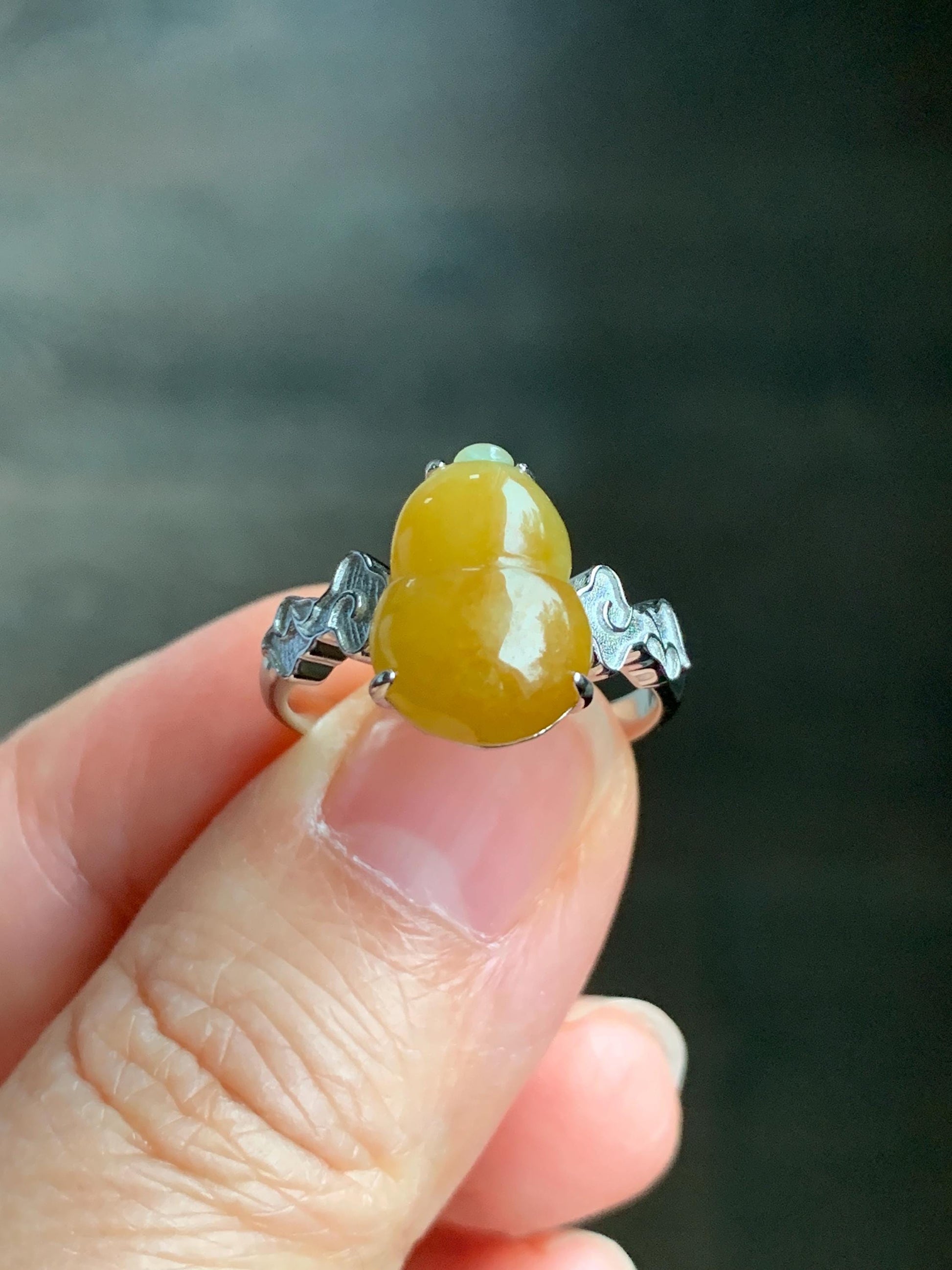 Certified Natural Grade A Icy Translucent Gelatinous Deep Yellow Jadeite Gourd Hulu Ring Sterling Silver size 7.25 US 天然糯冰油黄翡翠葫芦镶嵌戒指 1501