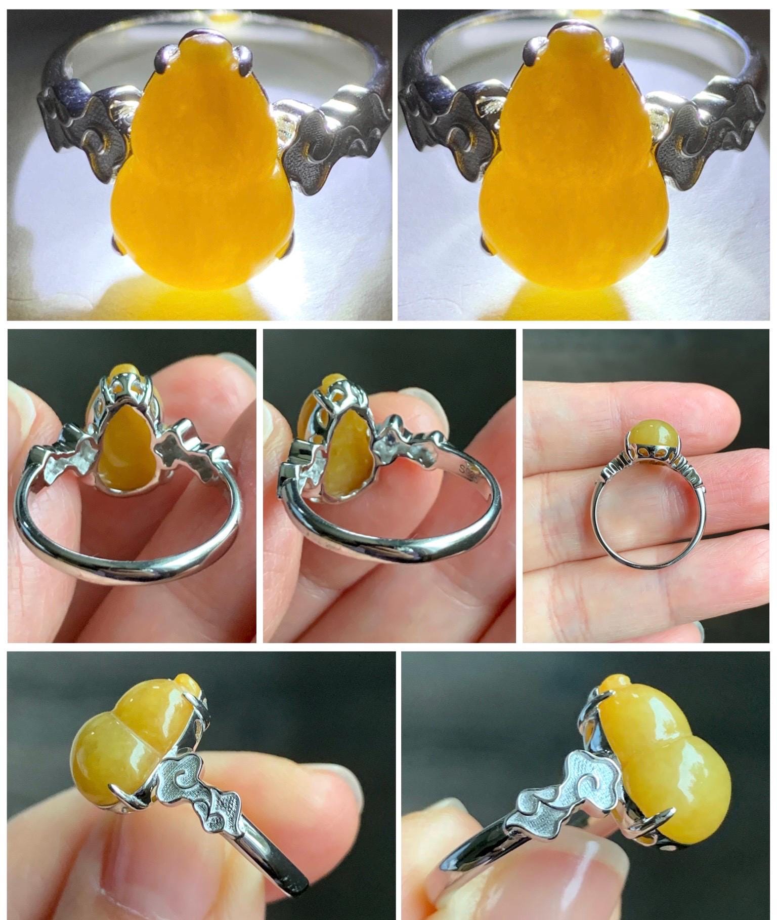 Certified Natural Grade A Icy Translucent Gelatinous Deep Yellow Jadeite Gourd Hulu Ring Sterling Silver size 7.25 US 天然糯冰油黄翡翠葫芦镶嵌戒指 1500