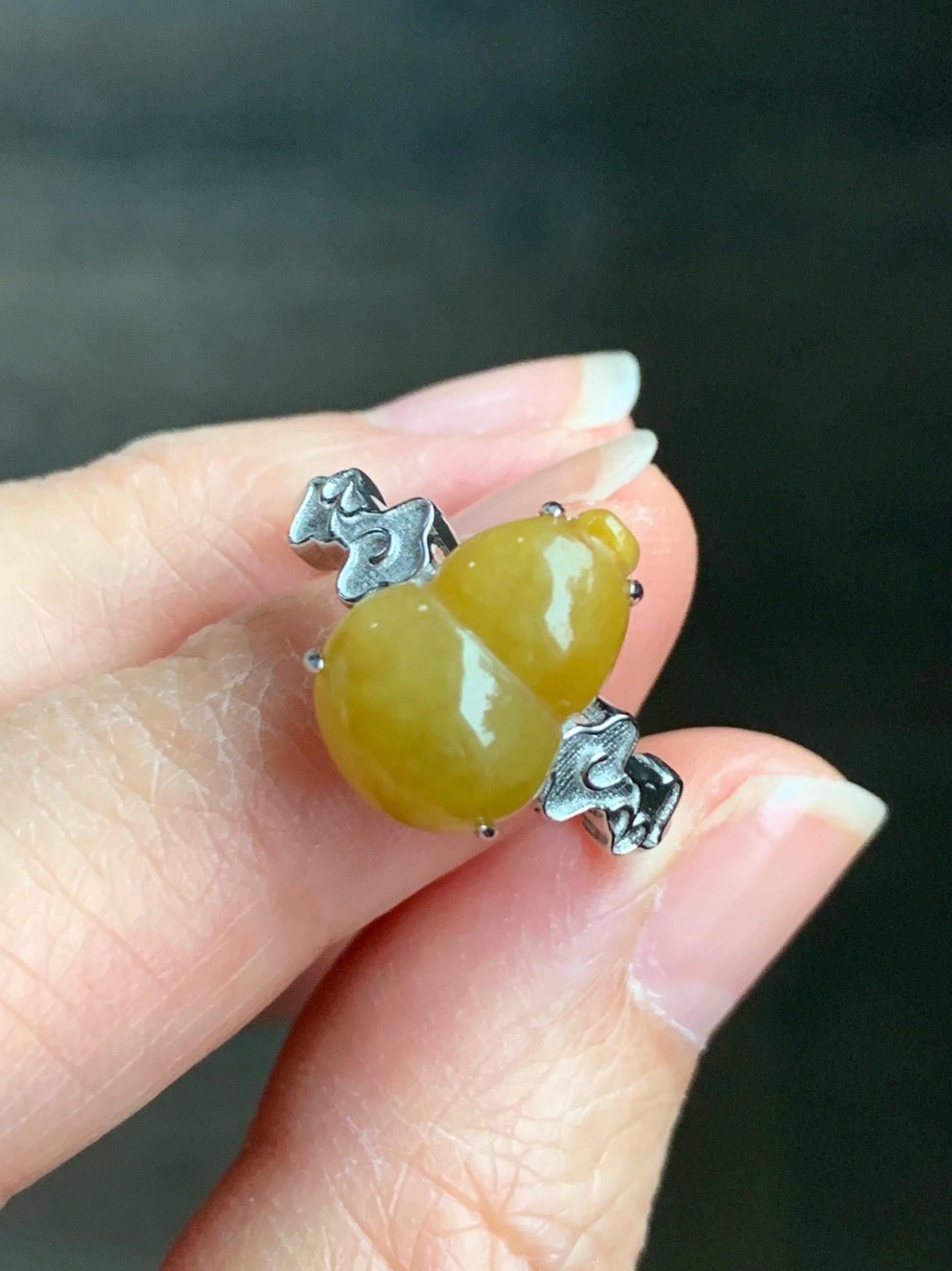 Certified Natural Grade A Icy Translucent Gelatinous Deep Yellow Jadeite Gourd Hulu Ring Sterling Silver size 7.25 US 天然糯冰油黄翡翠葫芦镶嵌戒指 1500