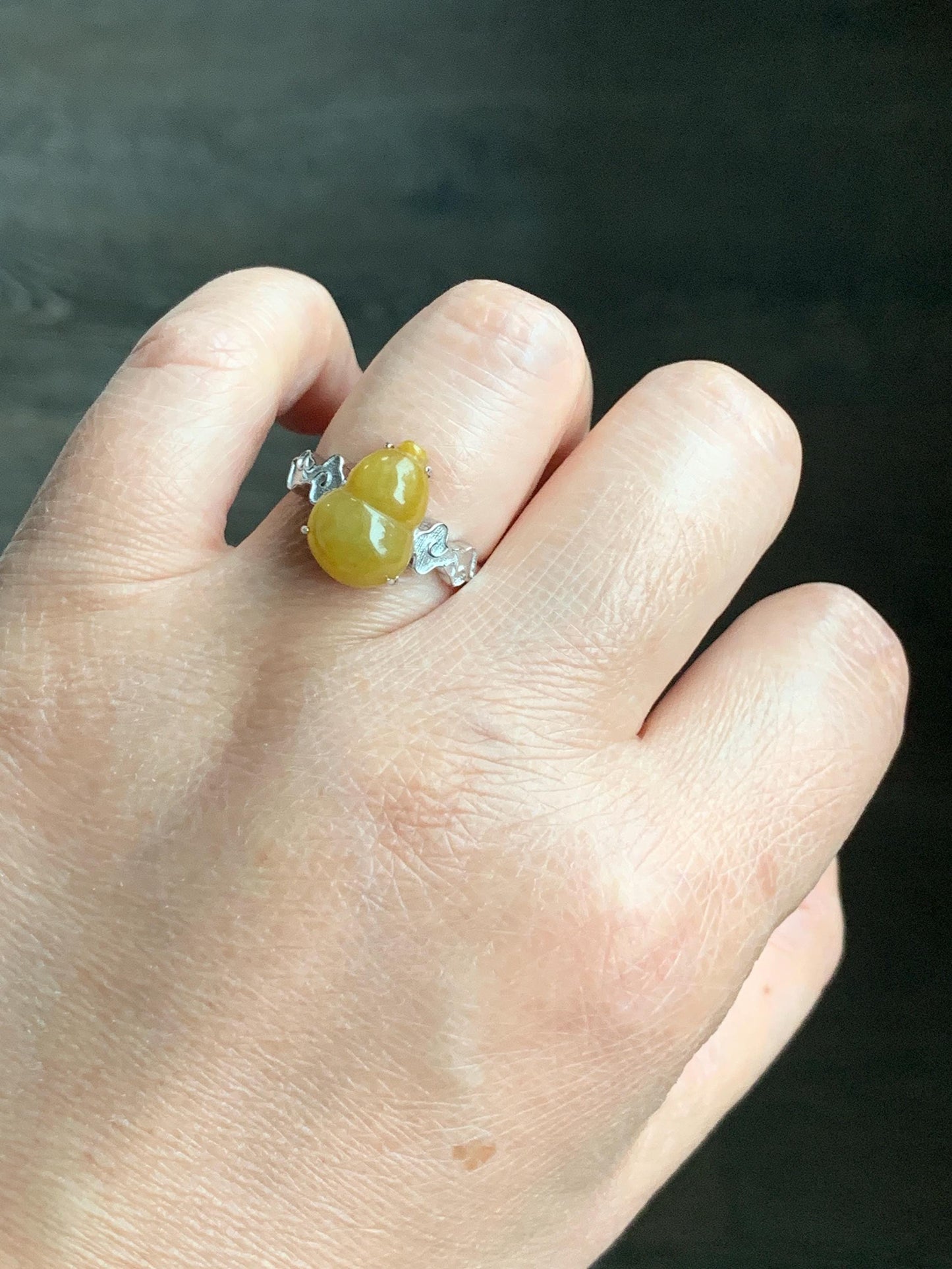 Certified Natural Grade A Icy Translucent Gelatinous Deep Yellow Jadeite Gourd Hulu Ring Sterling Silver size 7.25 US 天然糯冰油黄翡翠葫芦镶嵌戒指 1500