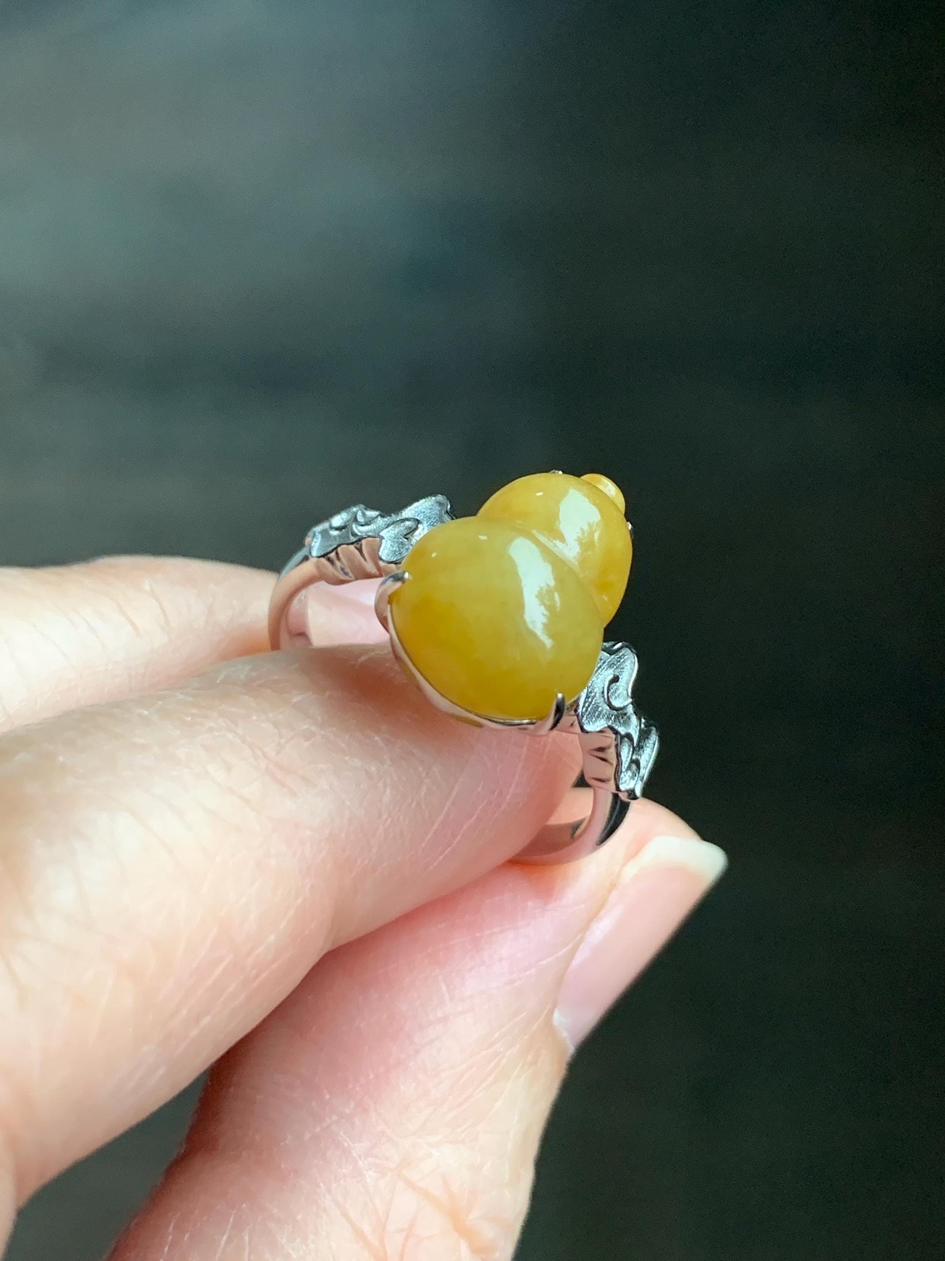 Certified Natural Grade A Icy Translucent Gelatinous Deep Yellow Jadeite Gourd Hulu Ring Sterling Silver size 7.25 US 天然糯冰油黄翡翠葫芦镶嵌戒指 1500