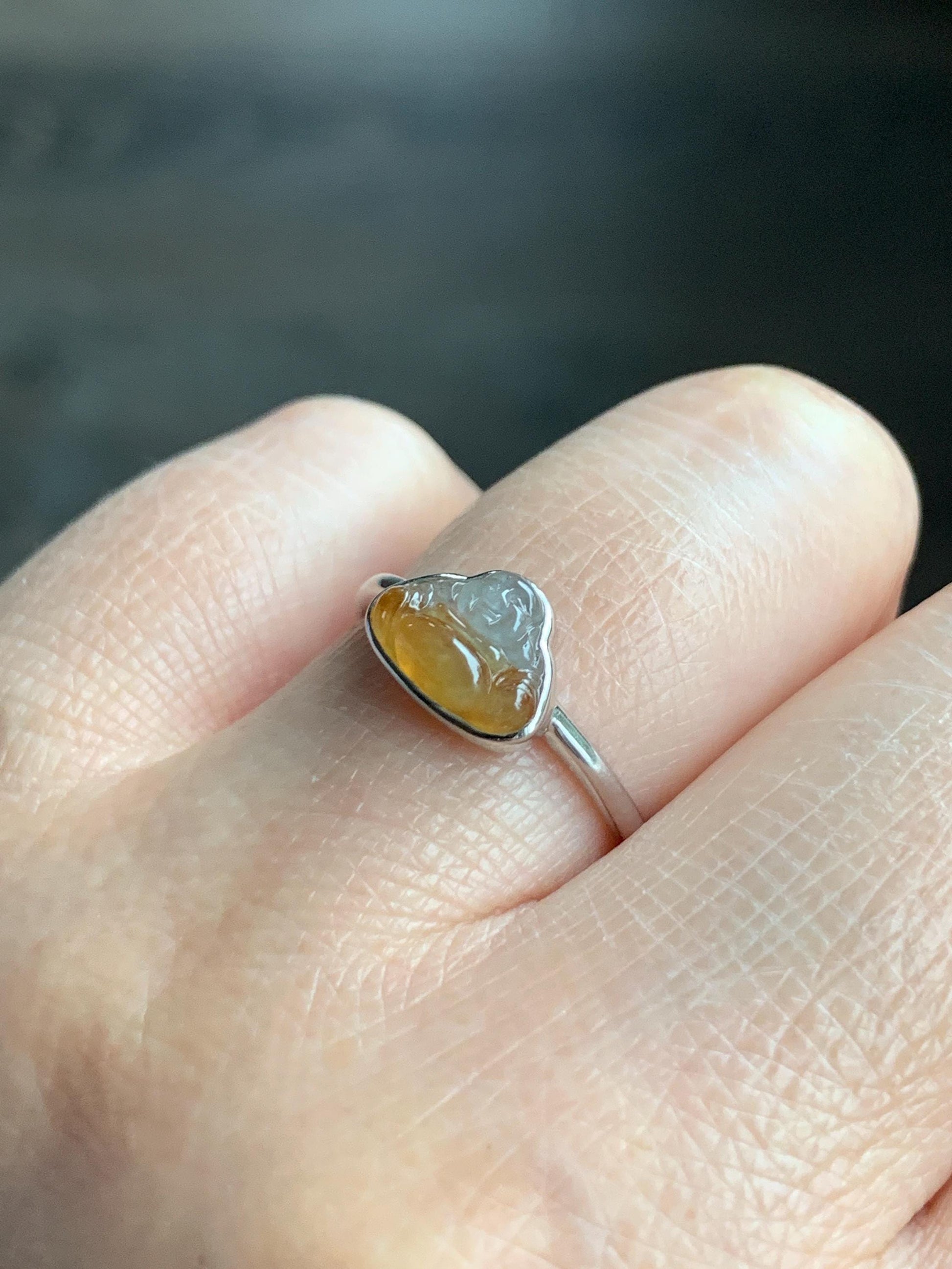 Certified Natural Grade A Icy Highly Translucent Bicolored Yellow Marbled Jadeite Buddha Ring 14K White Gold Size 7.25 天然正冰黄翡翠佛公14K镶嵌戒指 6675