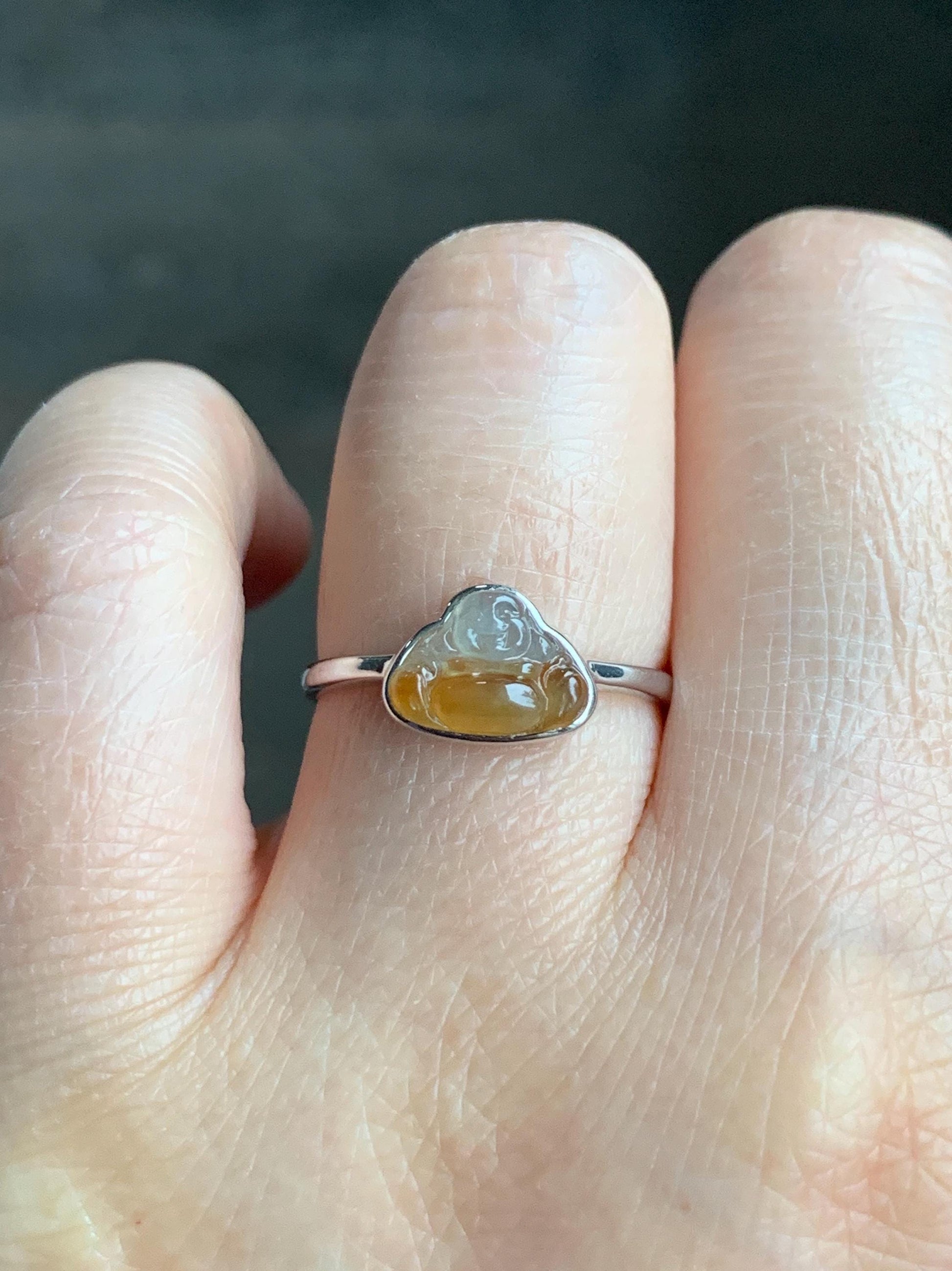 Certified Natural Grade A Icy Highly Translucent Bicolored Yellow Marbled Jadeite Buddha Ring 14K White Gold Size 7.25 天然正冰黄翡翠佛公14K镶嵌戒指 6675