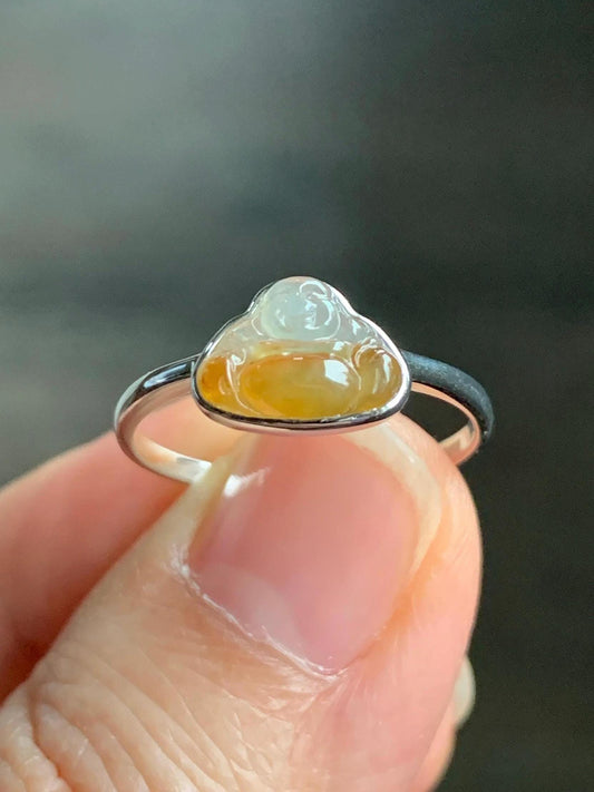 Certified Natural Grade A Icy Highly Translucent Bicolored Yellow Marbled Jadeite Buddha Ring 14K White Gold Size 7.25 天然正冰黄翡翠佛公14K镶嵌戒指 6675