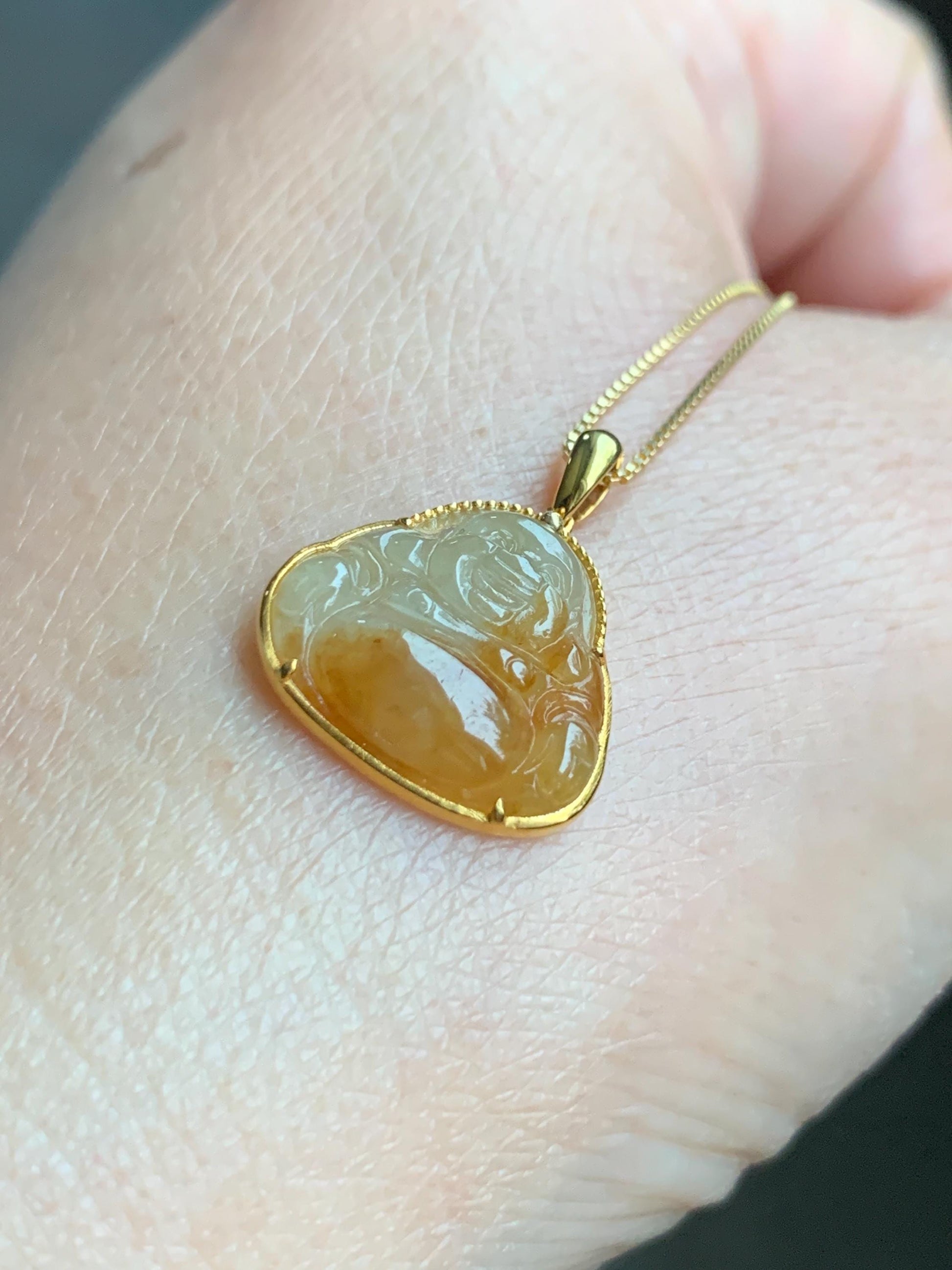 Certified Natural Grade A Icy Highly Translucent Bicolored Yellow Marbled Jadeite Buddha Pendant 14K Yellow Gold 1.5g 天然冰黄翡翠佛公14K镶嵌吊坠 8779
