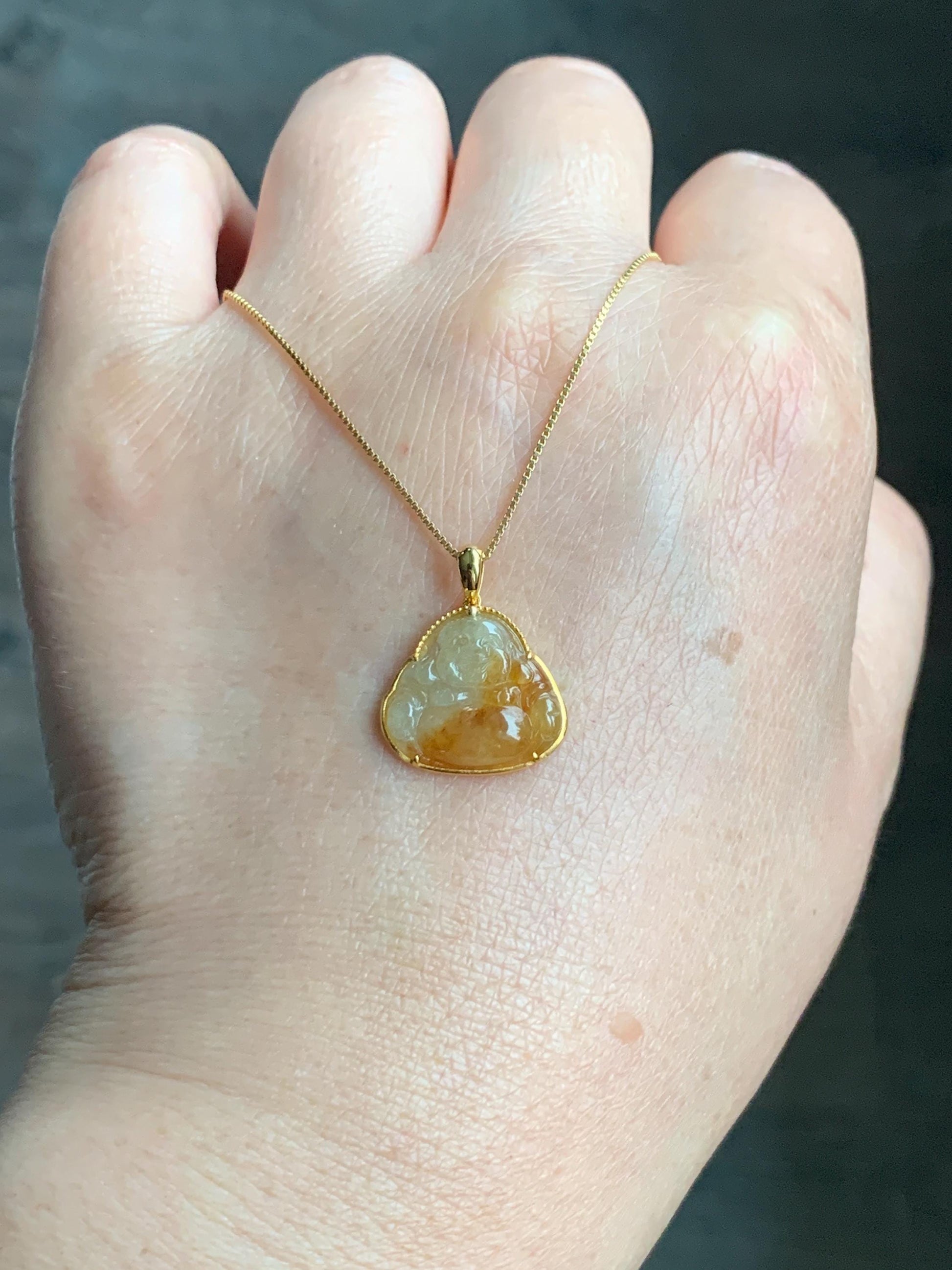 Certified Natural Grade A Icy Highly Translucent Bicolored Yellow Marbled Jadeite Buddha Pendant 14K Yellow Gold 1.5g 天然冰黄翡翠佛公14K镶嵌吊坠 8779