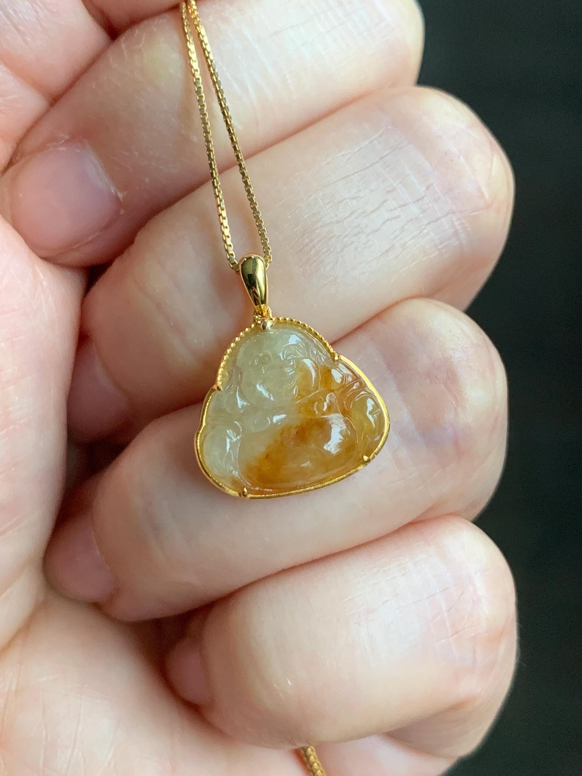 Certified Natural Grade A Icy Highly Translucent Bicolored Yellow Marbled Jadeite Buddha Pendant 14K Yellow Gold 1.5g 天然冰黄翡翠佛公14K镶嵌吊坠 8779