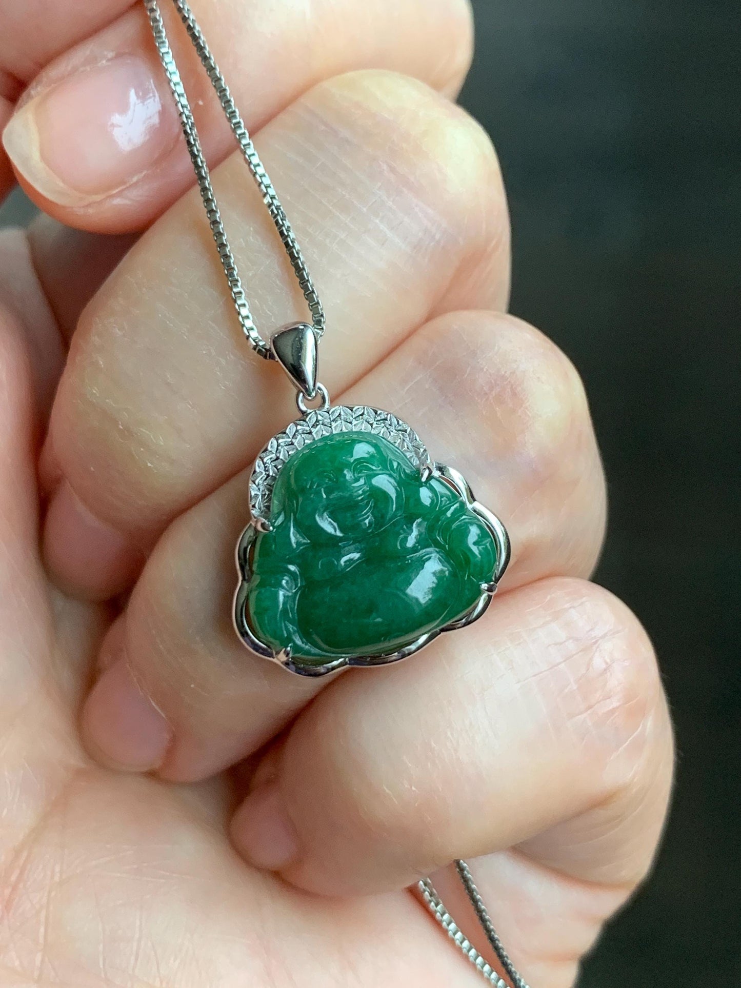 Certified Natural Grade A Icy Translucent Deep Green Jadeite Buddha Pendant Sterling Silver 2.94g 天然糯冰满绿翡翠小佛公镶嵌吊坠 8770