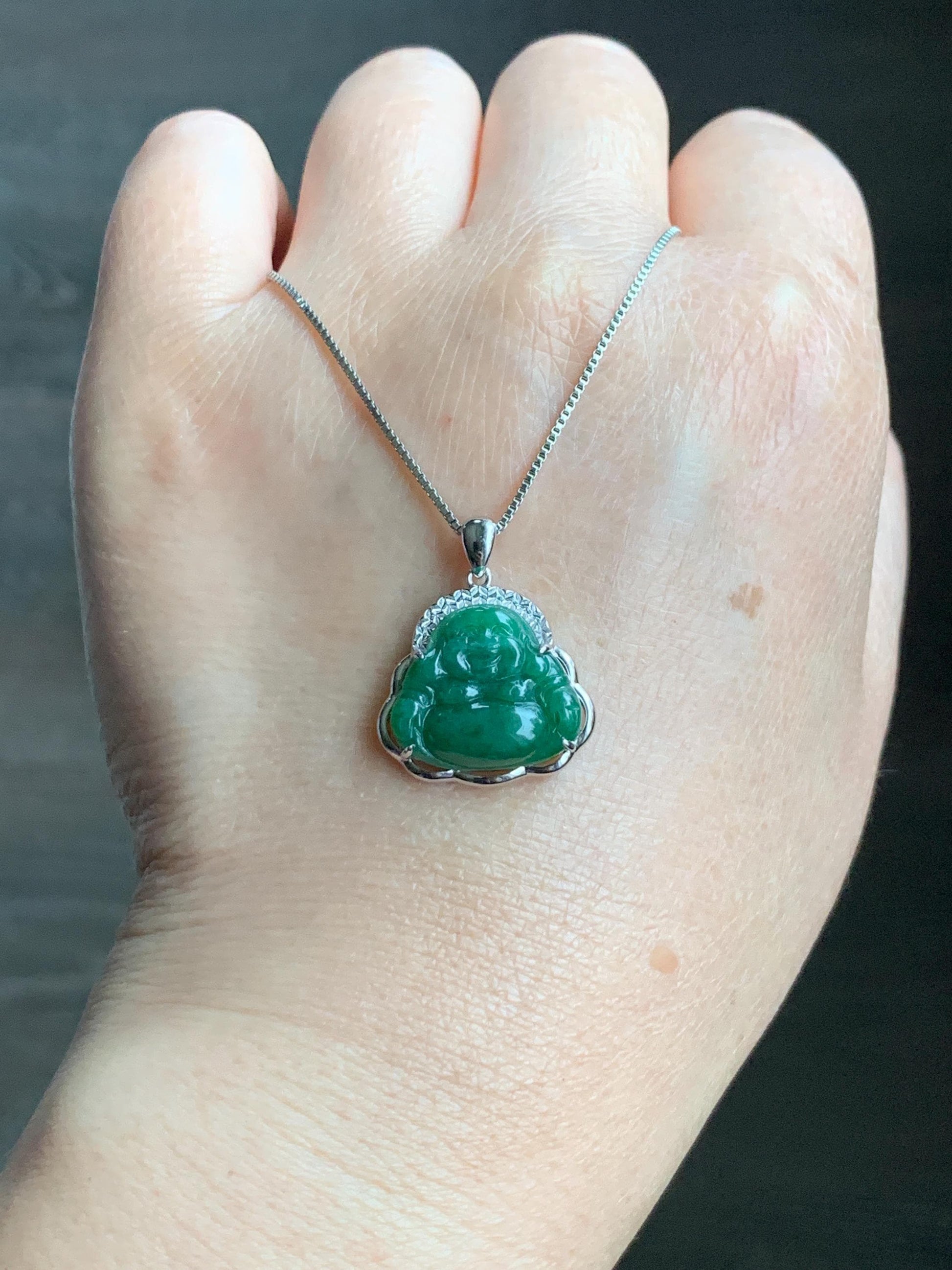 Certified Natural Grade A Icy Translucent Deep Green Jadeite Buddha Pendant Sterling Silver 2.94g 天然糯冰满绿翡翠小佛公镶嵌吊坠 8770