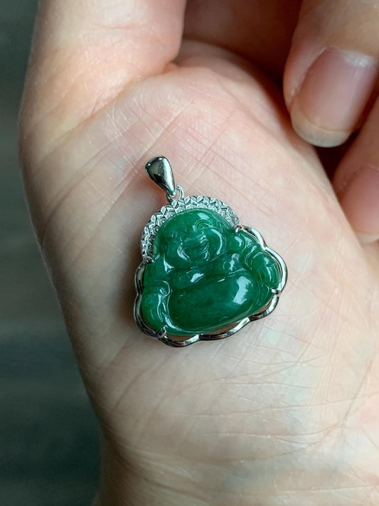 Certified Natural Grade A Icy Translucent Deep Green Jadeite Buddha Pendant Sterling Silver 2.94g 天然糯冰满绿翡翠小佛公镶嵌吊坠 8770