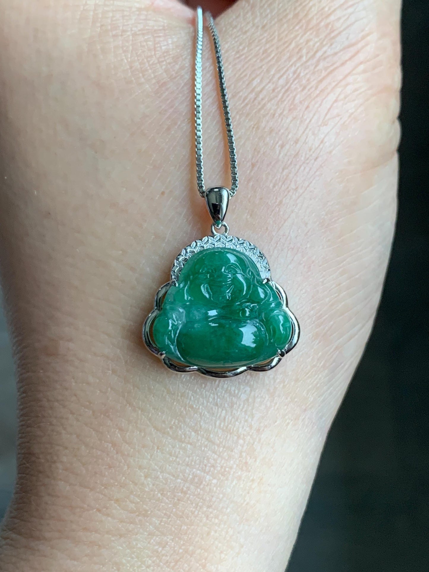 Certified Natural Grade A Icy Translucent Deep Green Jadeite Buddha Pendant Sterling Silver 3.35g 天然糯冰满绿翡翠小佛公镶嵌吊坠 8771