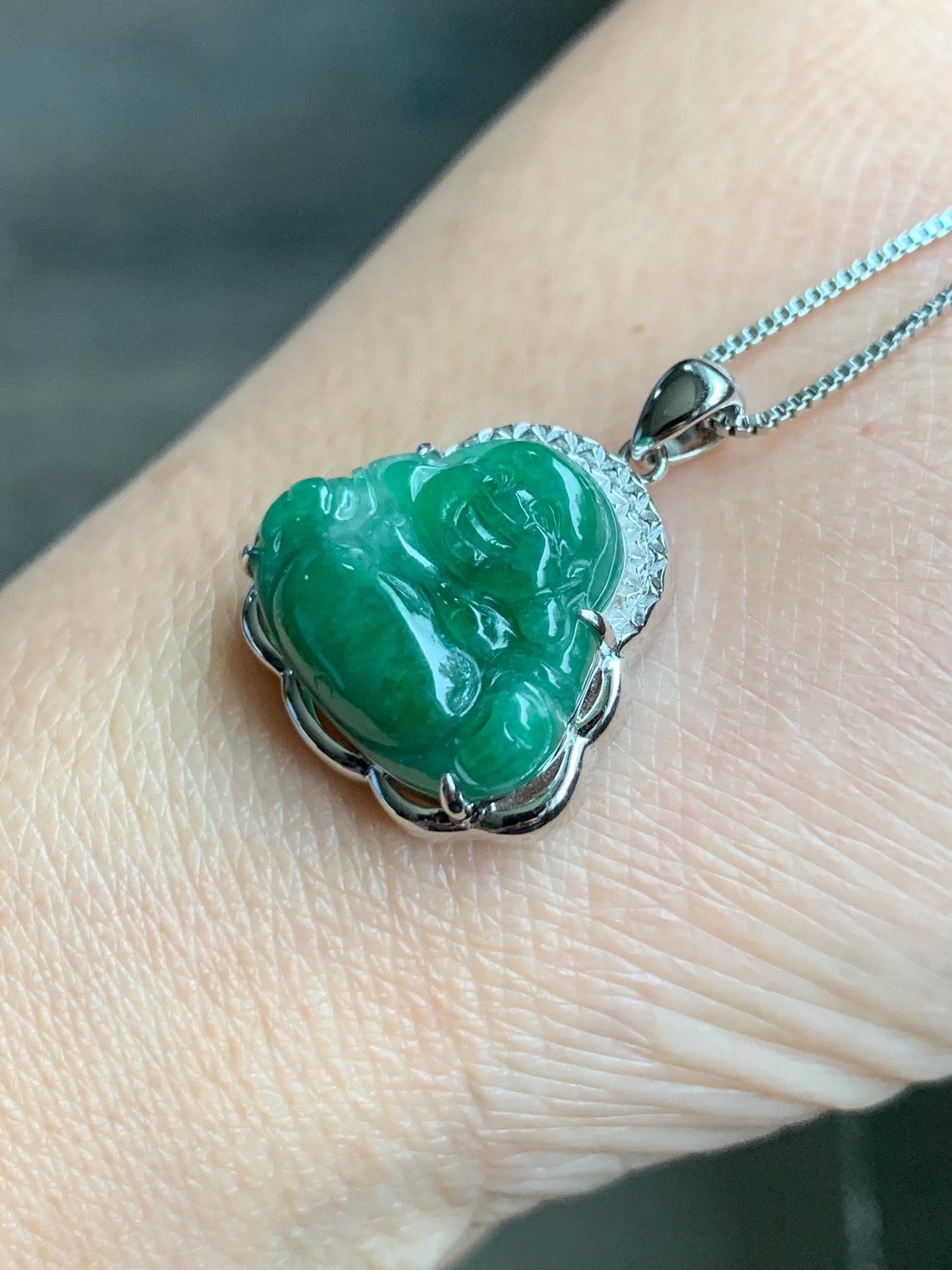 Certified Natural Grade A Icy Translucent Deep Green Jadeite Buddha Pendant Sterling Silver 3.35g 天然糯冰满绿翡翠小佛公镶嵌吊坠 8771