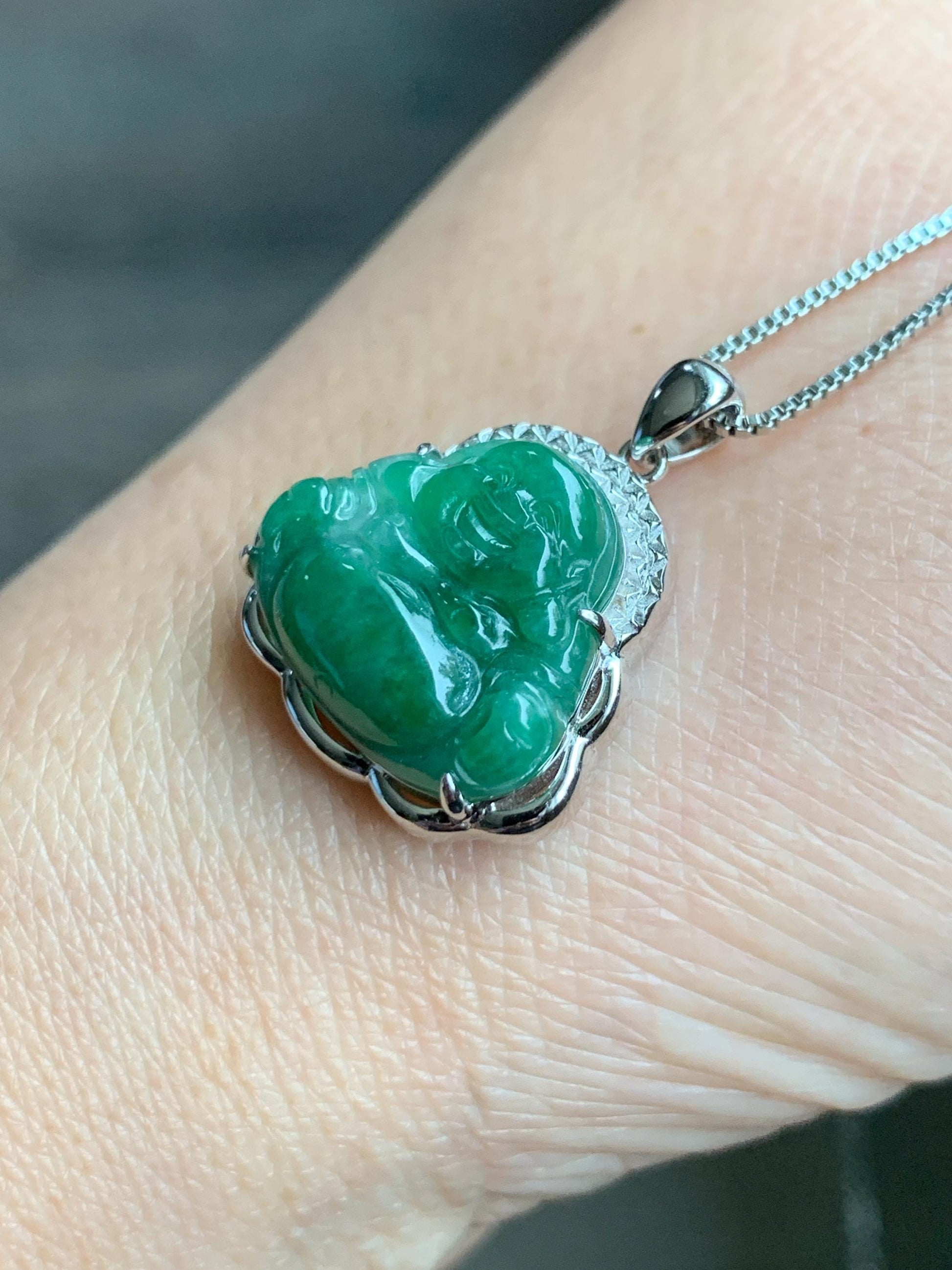 Certified Natural Grade A Icy Translucent Deep Green Jadeite Buddha Pendant Sterling Silver 3.35g 天然糯冰满绿翡翠小佛公镶嵌吊坠 8771